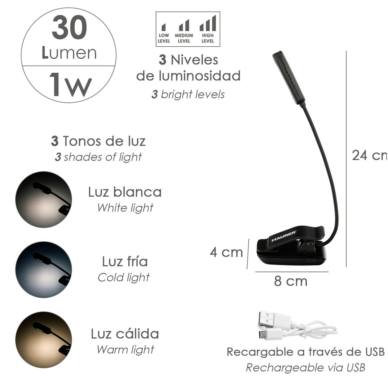 Linterna LED De Mesa / Lectura Bateria Recargable (1.000 mAh) 30 Lumenes Con Clip, 3 Tonos De Luz y 3 Niveles De Luminosidad