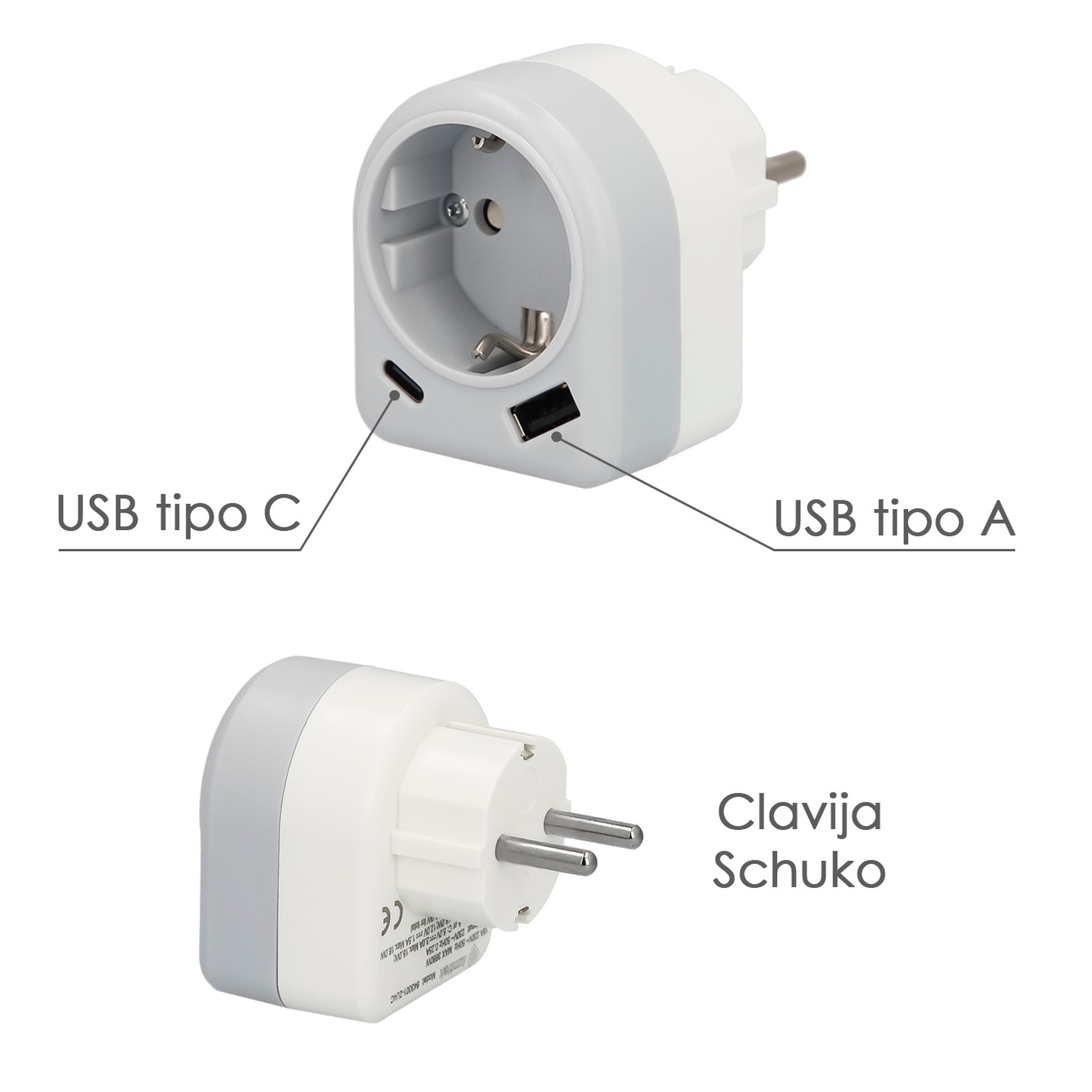 Enchufe / Adaptador Schuko Con 2 Tomas, USB A / C. Potencia Maxima 3680 W. Cargador Moviles, Cargador 2 Tomas, Adaptador Moviles