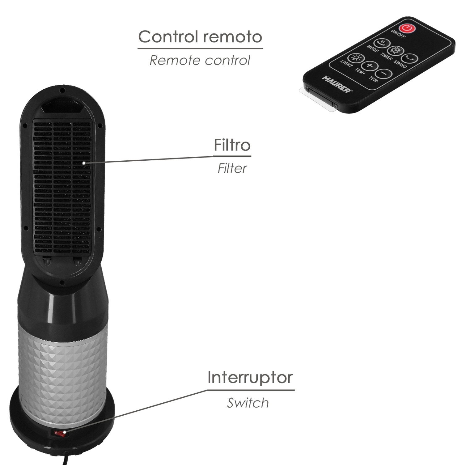 Termoventilador Ceramico Oscilante Con Mando 1.300 / 2.000 Watt. Temporizador 12 Horas.