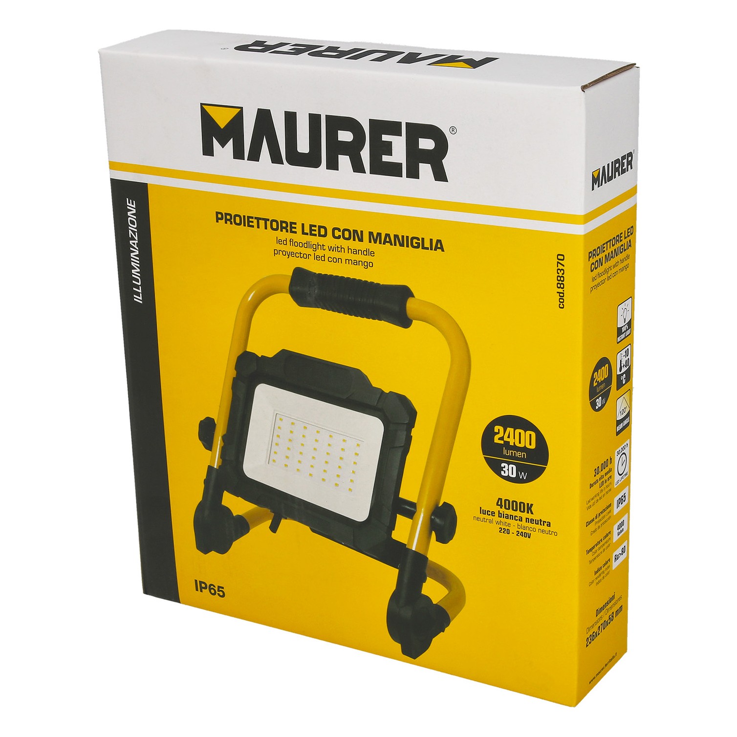 Foco Led Plano 30 Watt. Luz Blanca 4000º K IP 65 3300 Lumenes Con Asa de Transporte