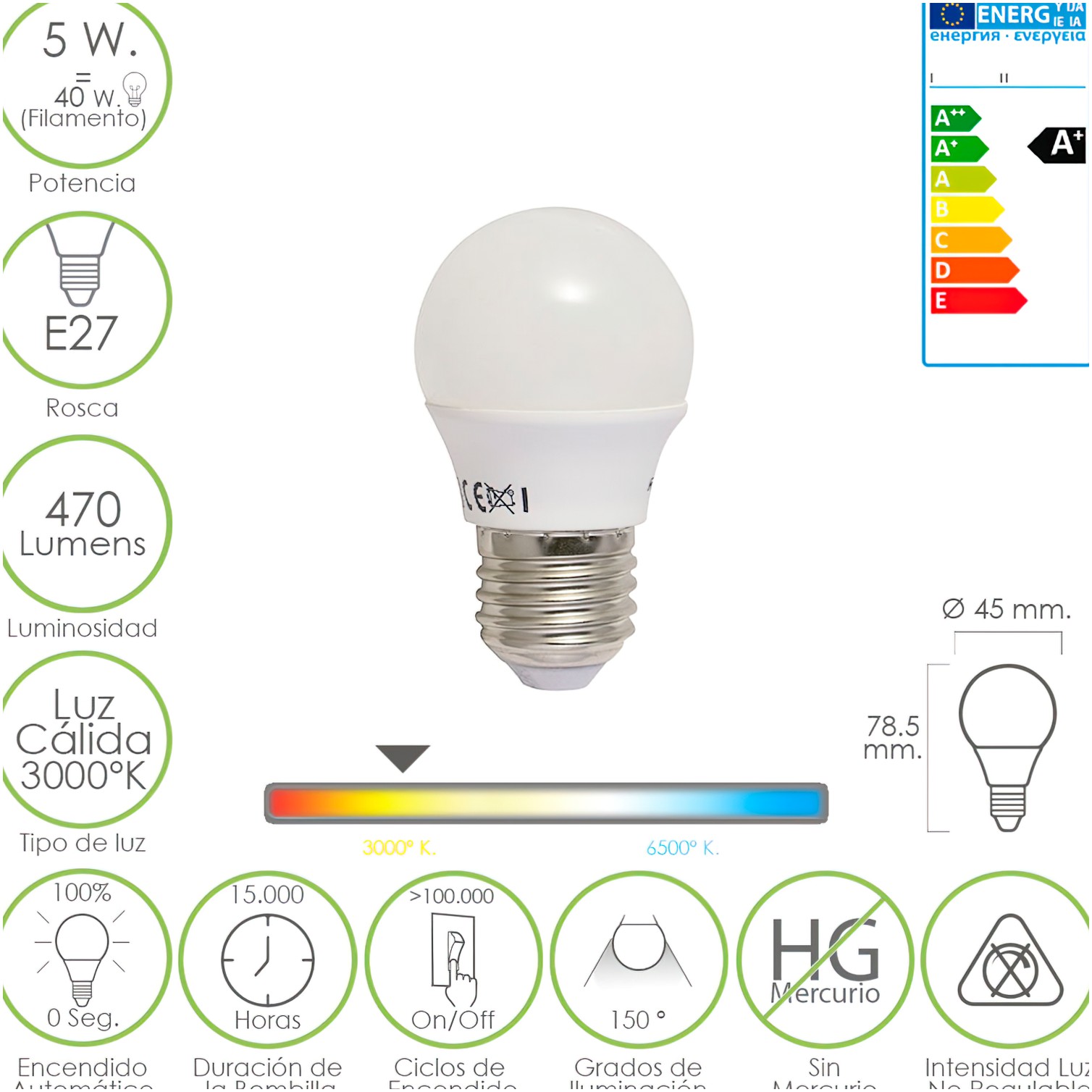 Bombilla Led Esferica E27 5 W. - 40 W. 470 lúmenes. Luz cálida (3.000 °K).