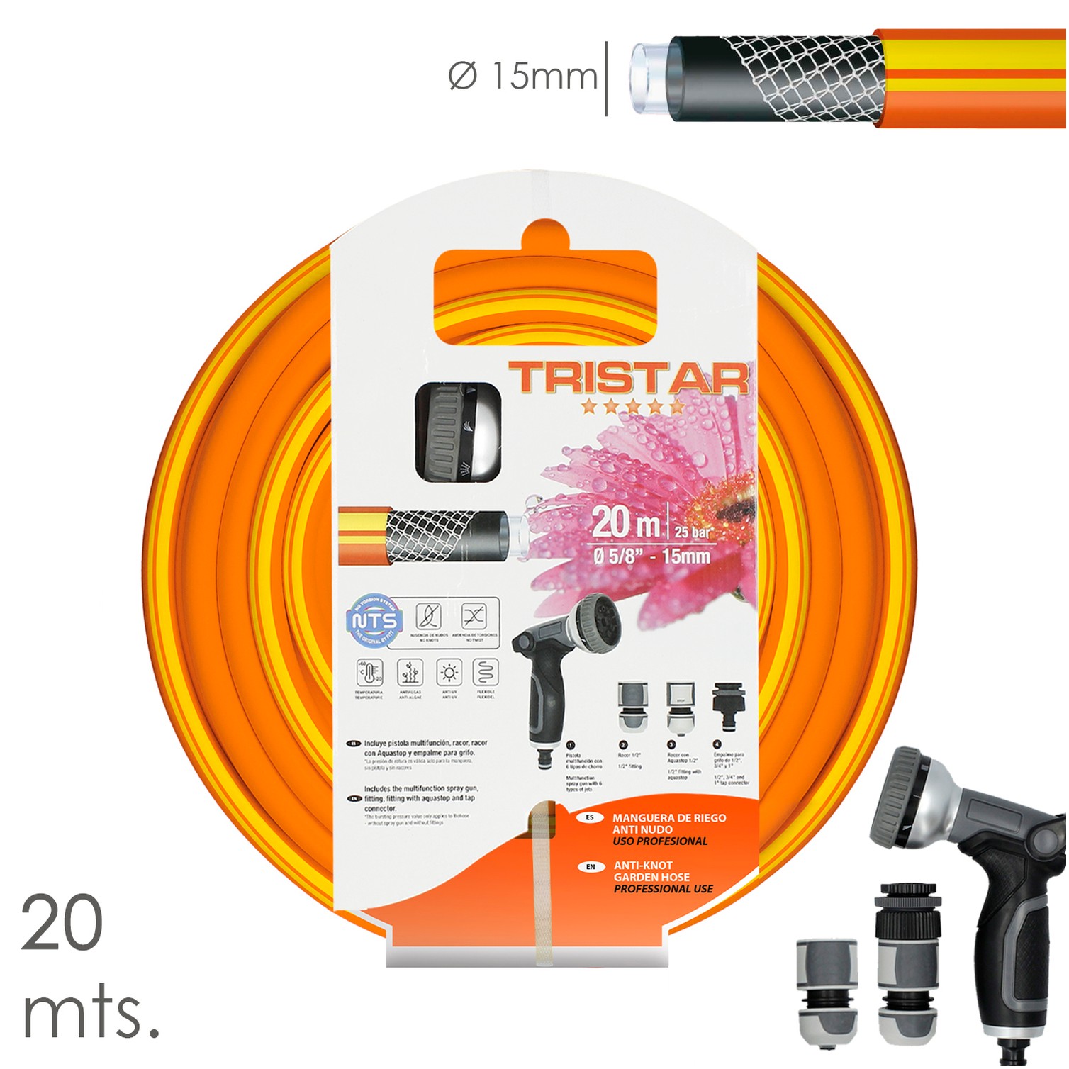 Manguera Tricotado No Torsion 15 mm. - 5/8" Rollo 20 Metros Con Kit de Riego