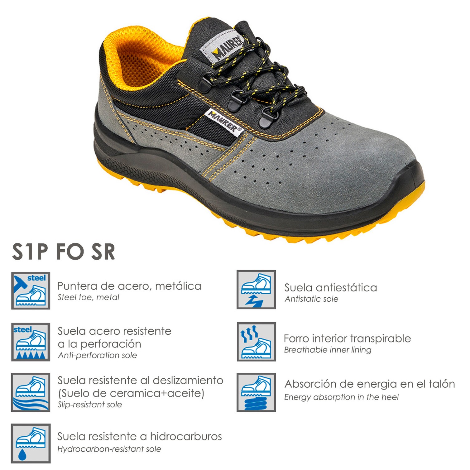 Zapato Seguridad Maurer S1 Modelo Sveva Transpirables concon suela y puntera antiperforación Talla 46.