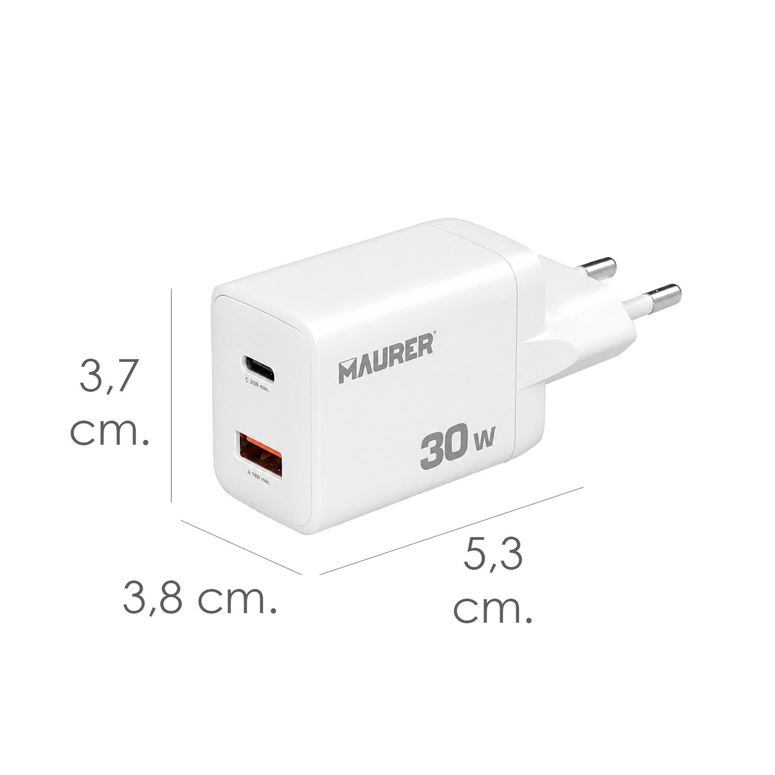 Cargador De Carga Rápida 30 W. Con Doble Puerto USB A y USB C
