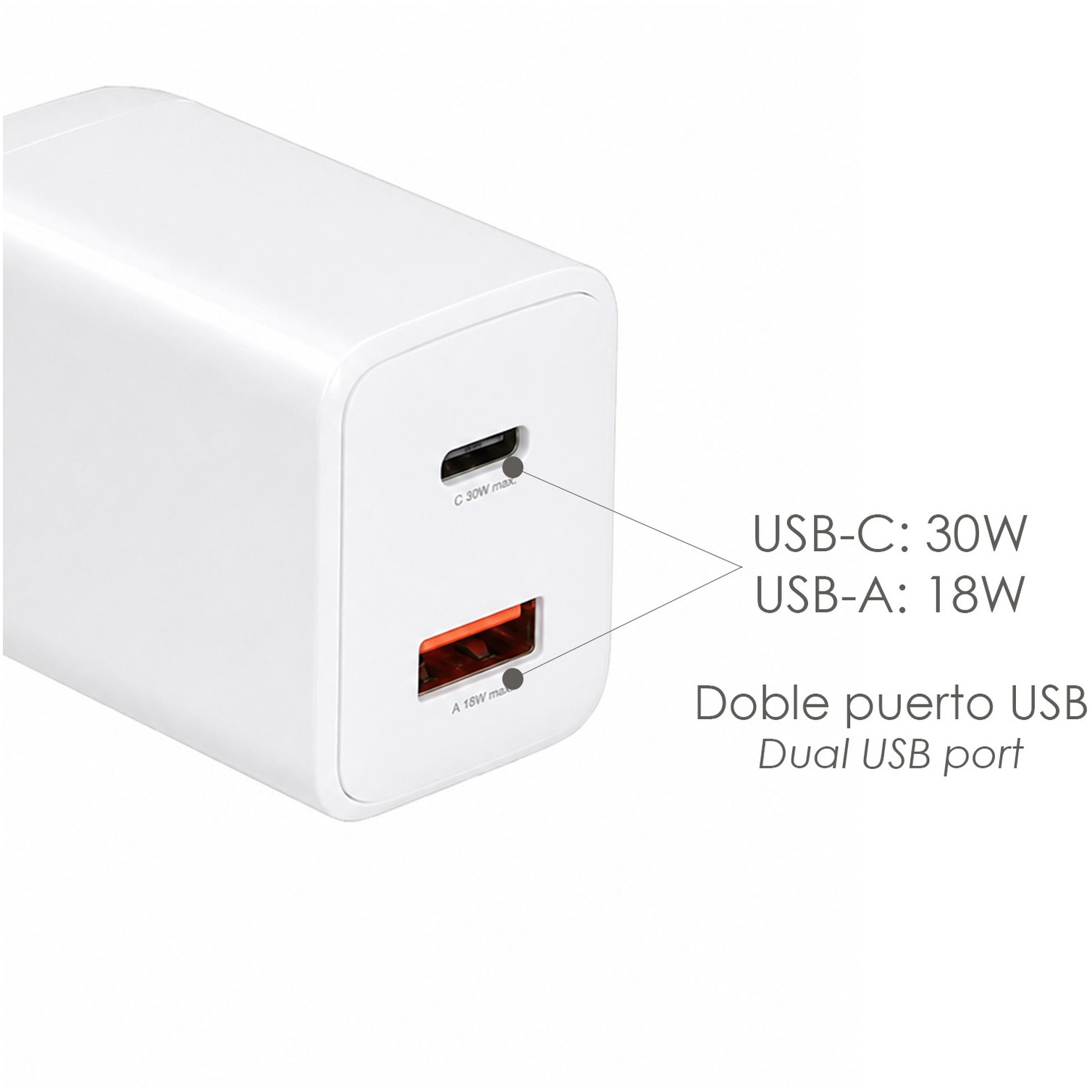 Cargador De Carga Rápida 30 W. Con Doble Puerto USB A y USB C