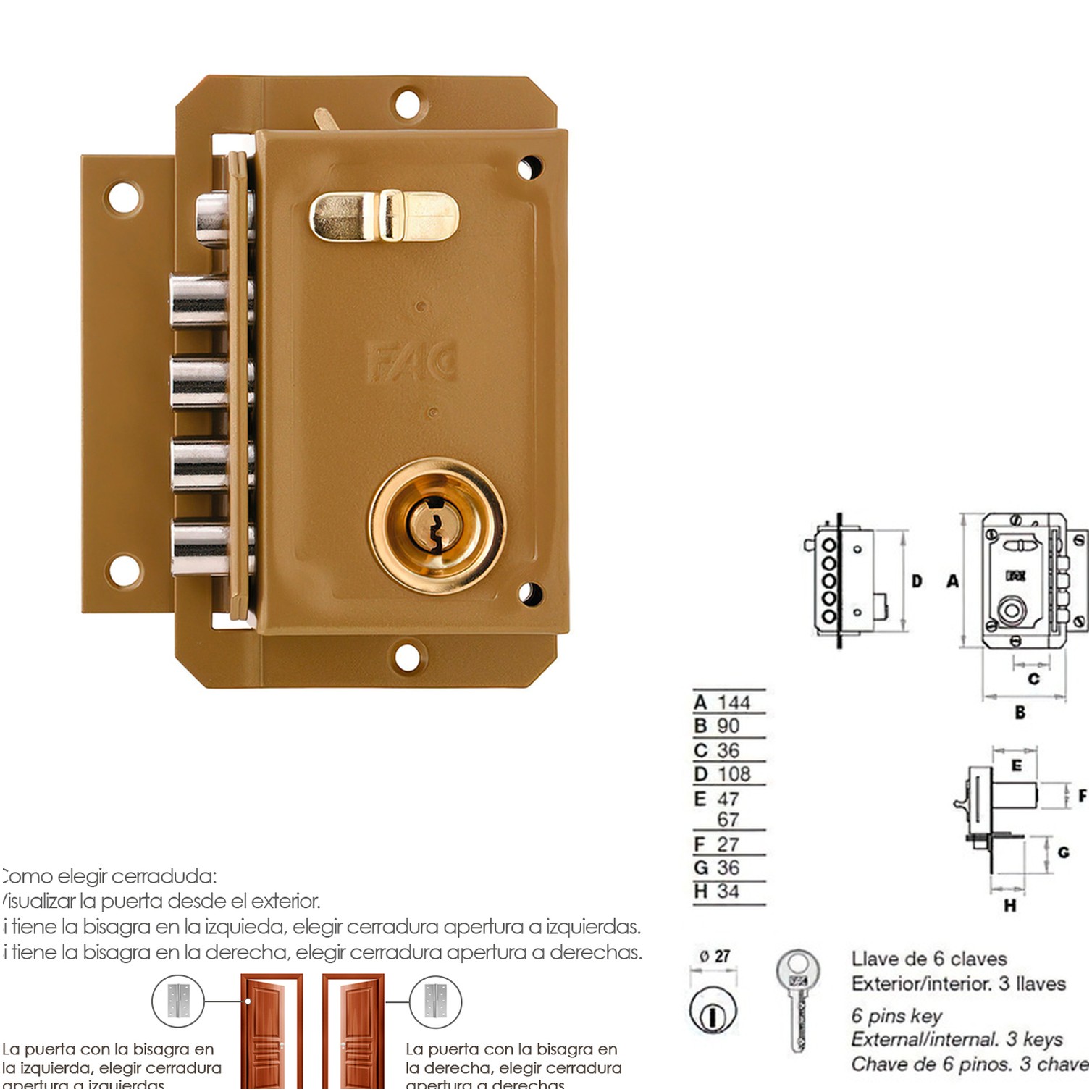Cerradura Fac S 90 Pintada Izquierda Bombin 70