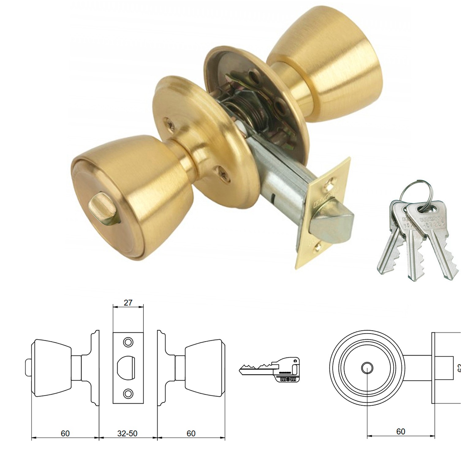 Pomo MCM 501B Con Llave y Condena Latonado Entrada 60 mm.