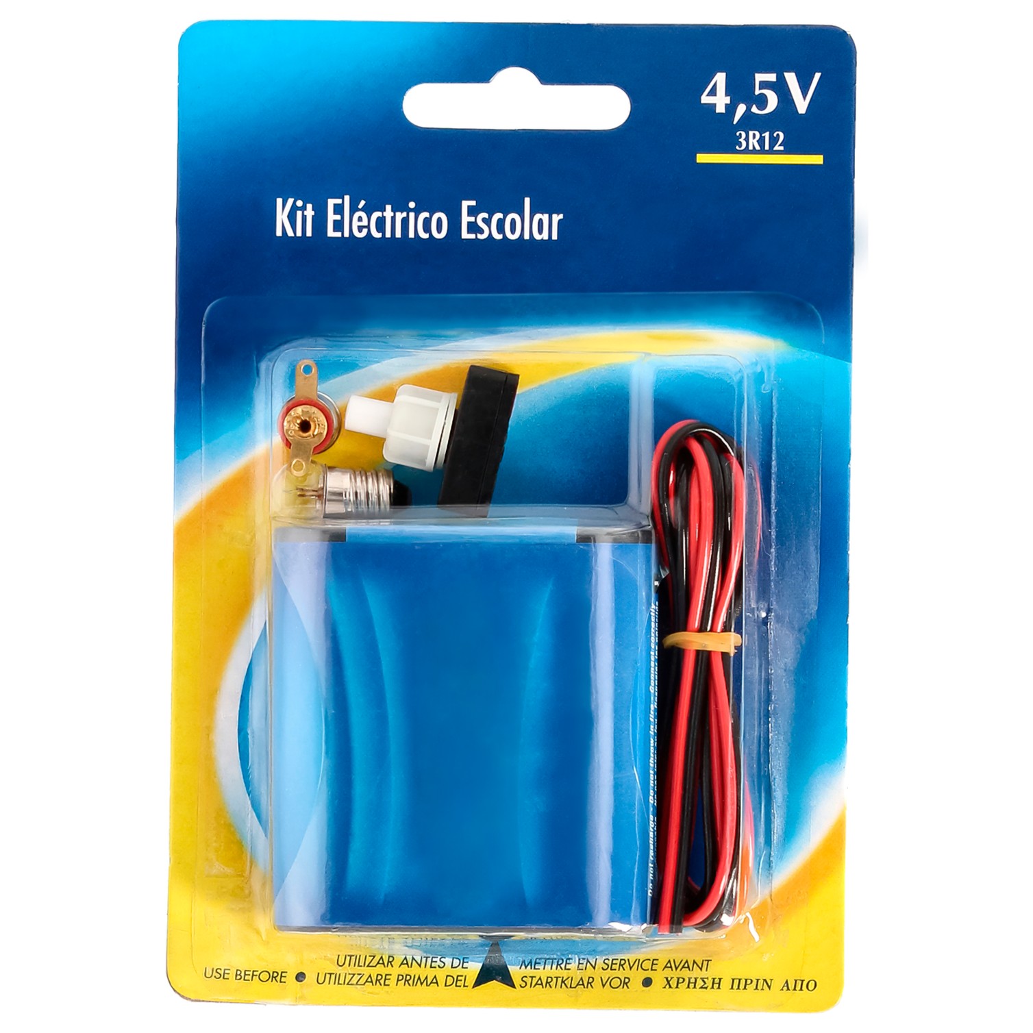 Kit Eléctrico Escolar, Set para el Colegio, Pila Petaca 4.5V, Interruptor 220V, Cable y Bombilla.