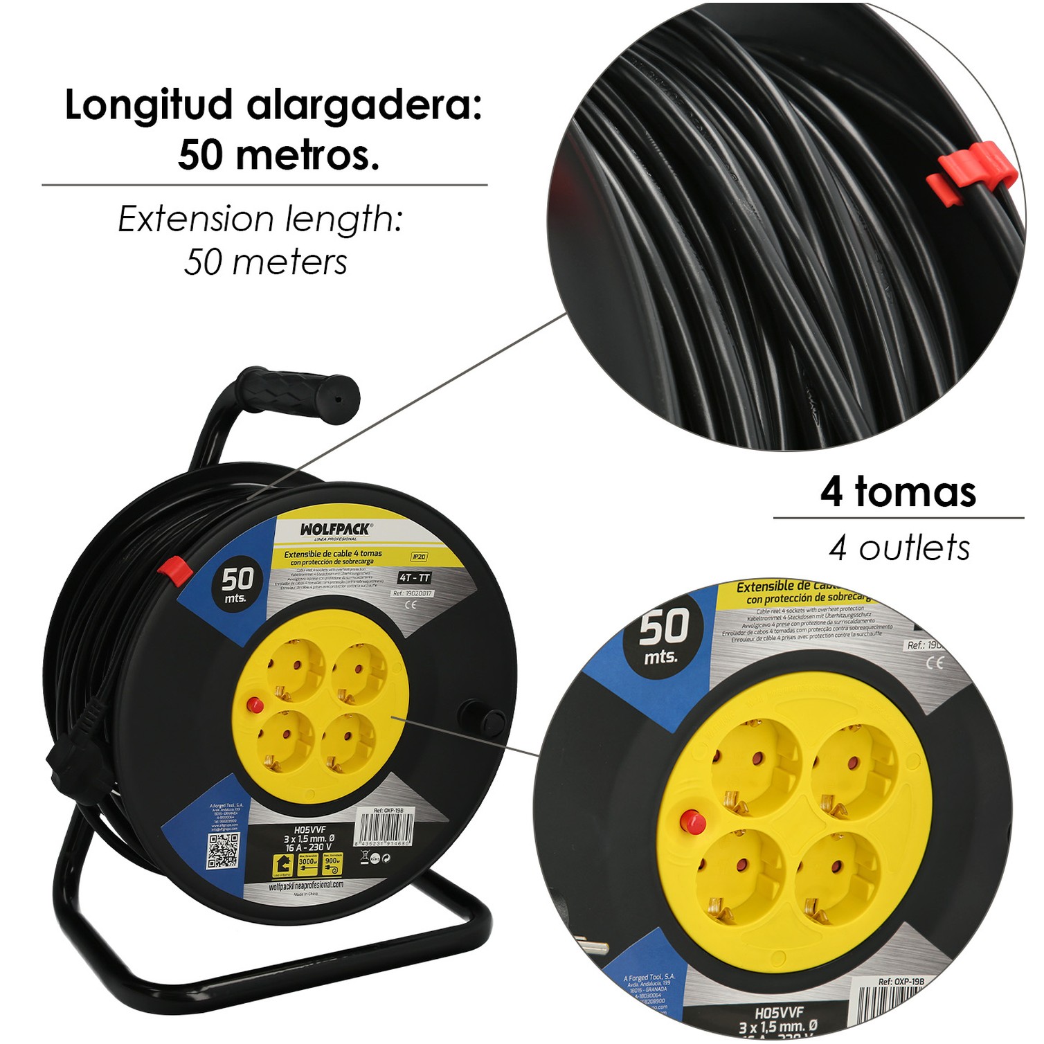 Extensible Industrial 4 Tomas 50 Metros 3 x 1,5 mm. con Protección Sobrecarga