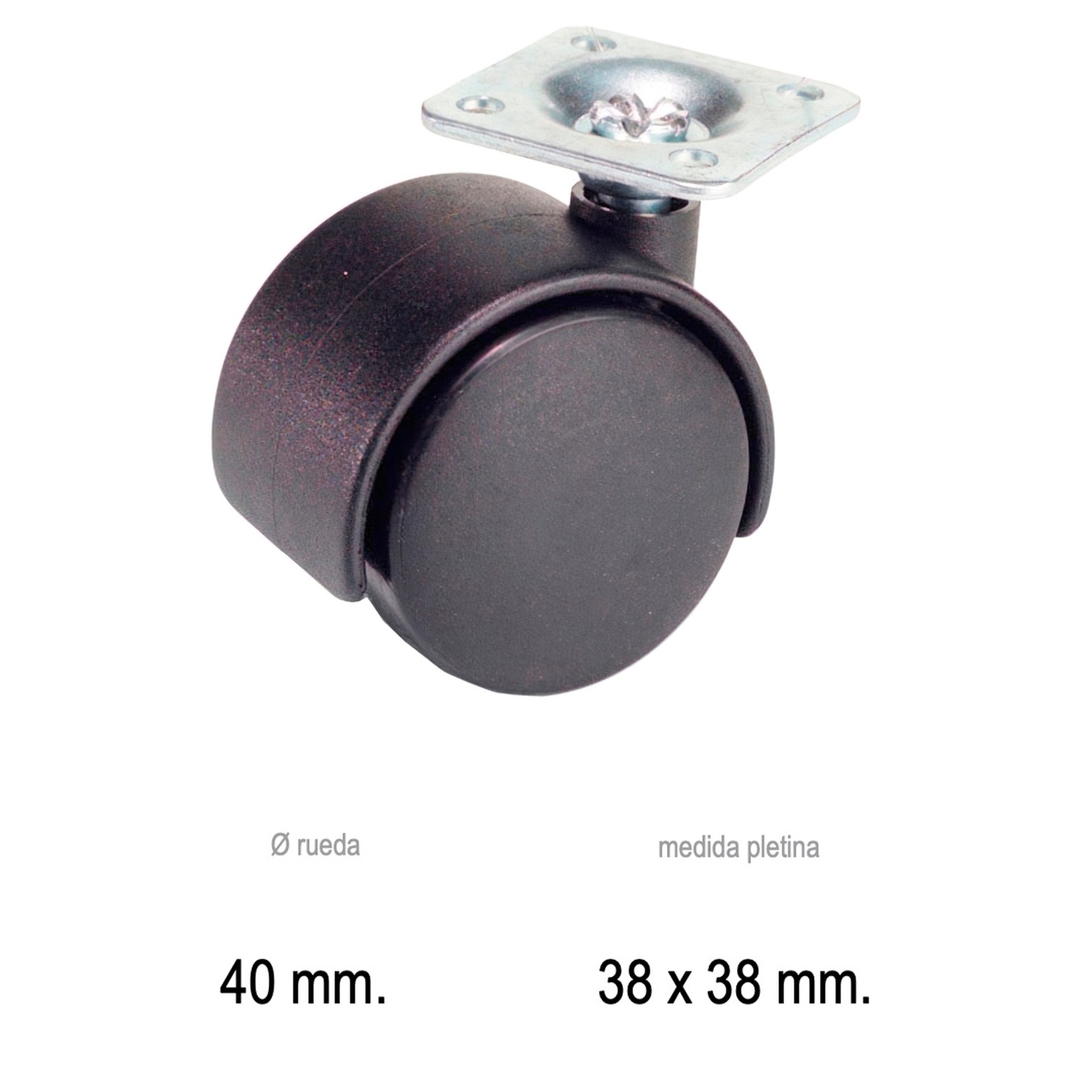 Rueda Domestica Nylon Negro Placa 40 mm.
