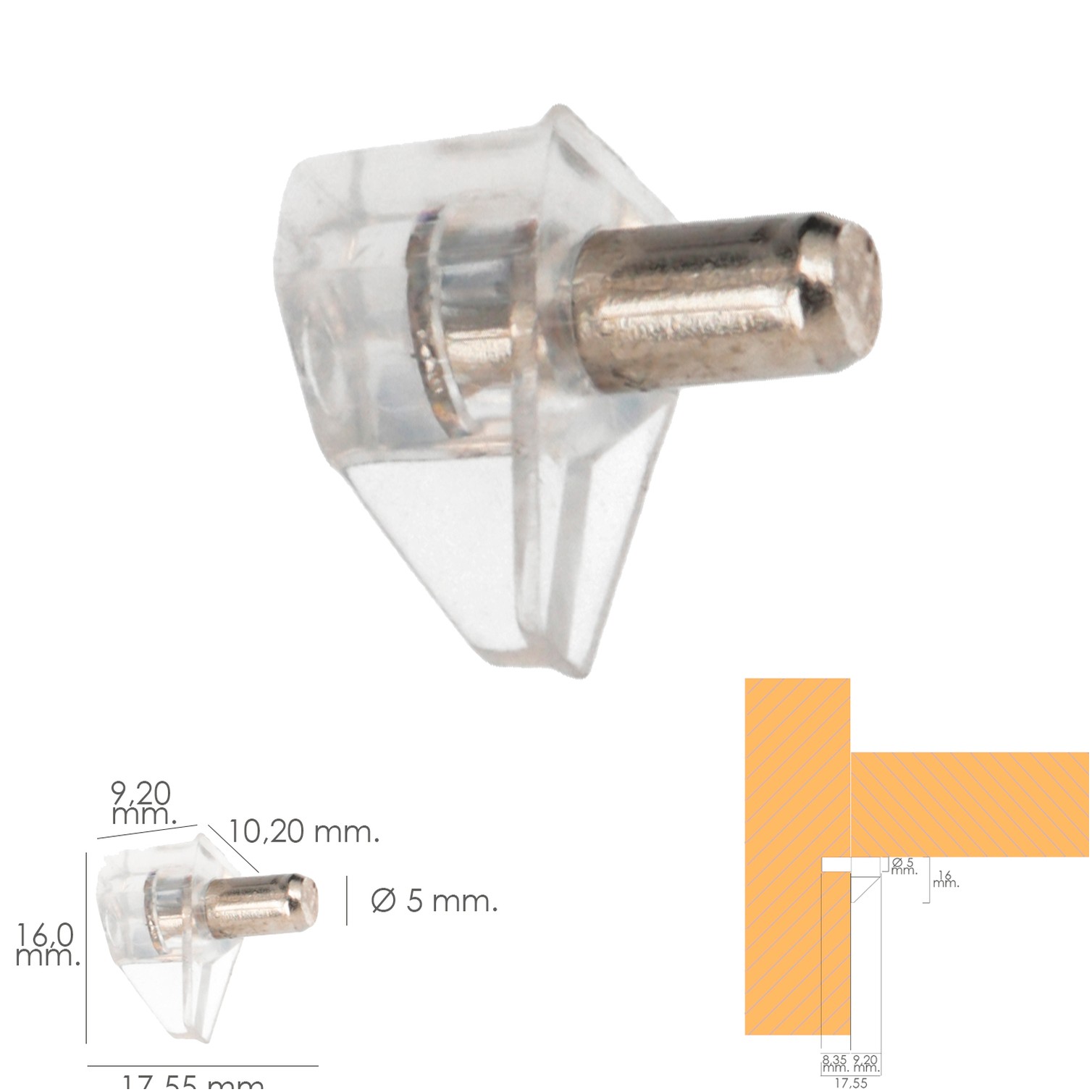 Soporte de Plastico Con Anclaje Metalico 5 Ø mm. Para Estanterias / Estantes (Caja 100 Unidades)