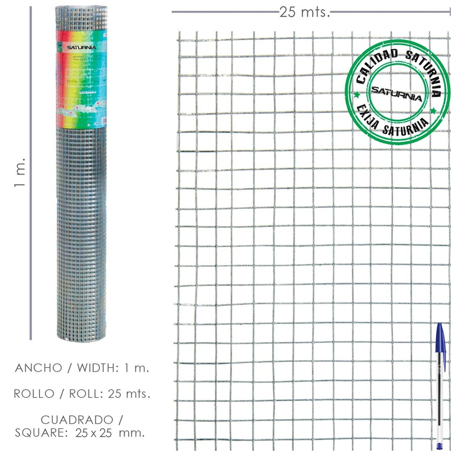 Malla Electrosoldada Galvanizada 25x25 / 1,60 / 100 cm. GD Rollo 25 metros.