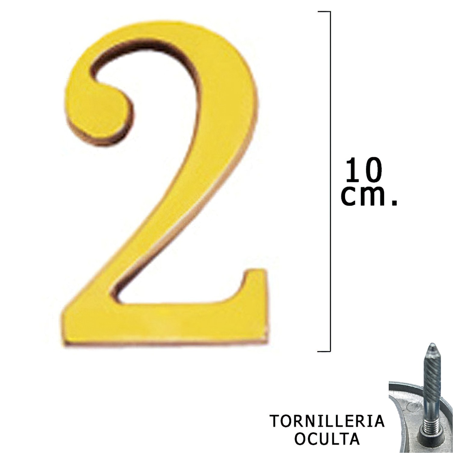 Numero Latón "2" 10 cm. con Tornilleria Oculta (Blister 1 Pieza)