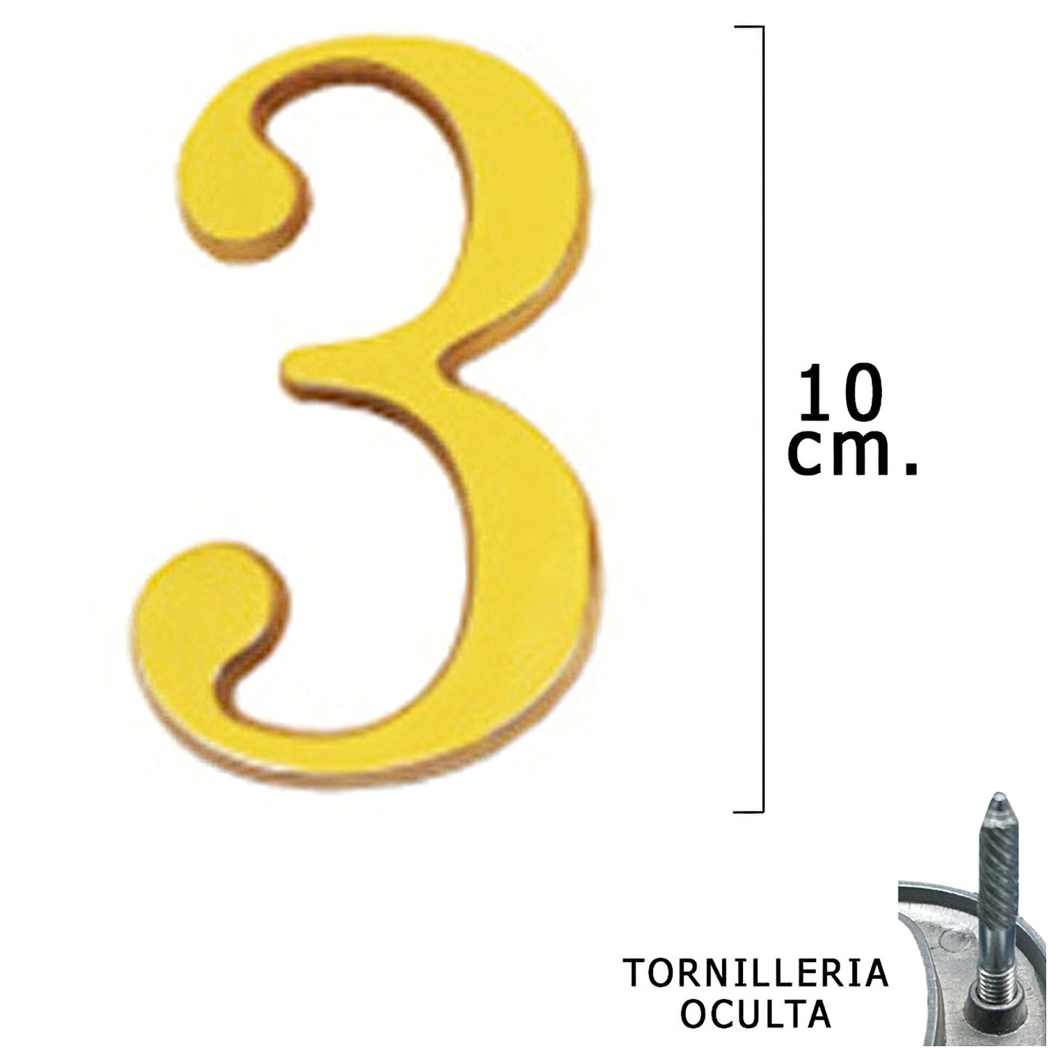Numero Latón "3" 10 cm. con Tornilleria Oculta (Blister 1 Pieza)
