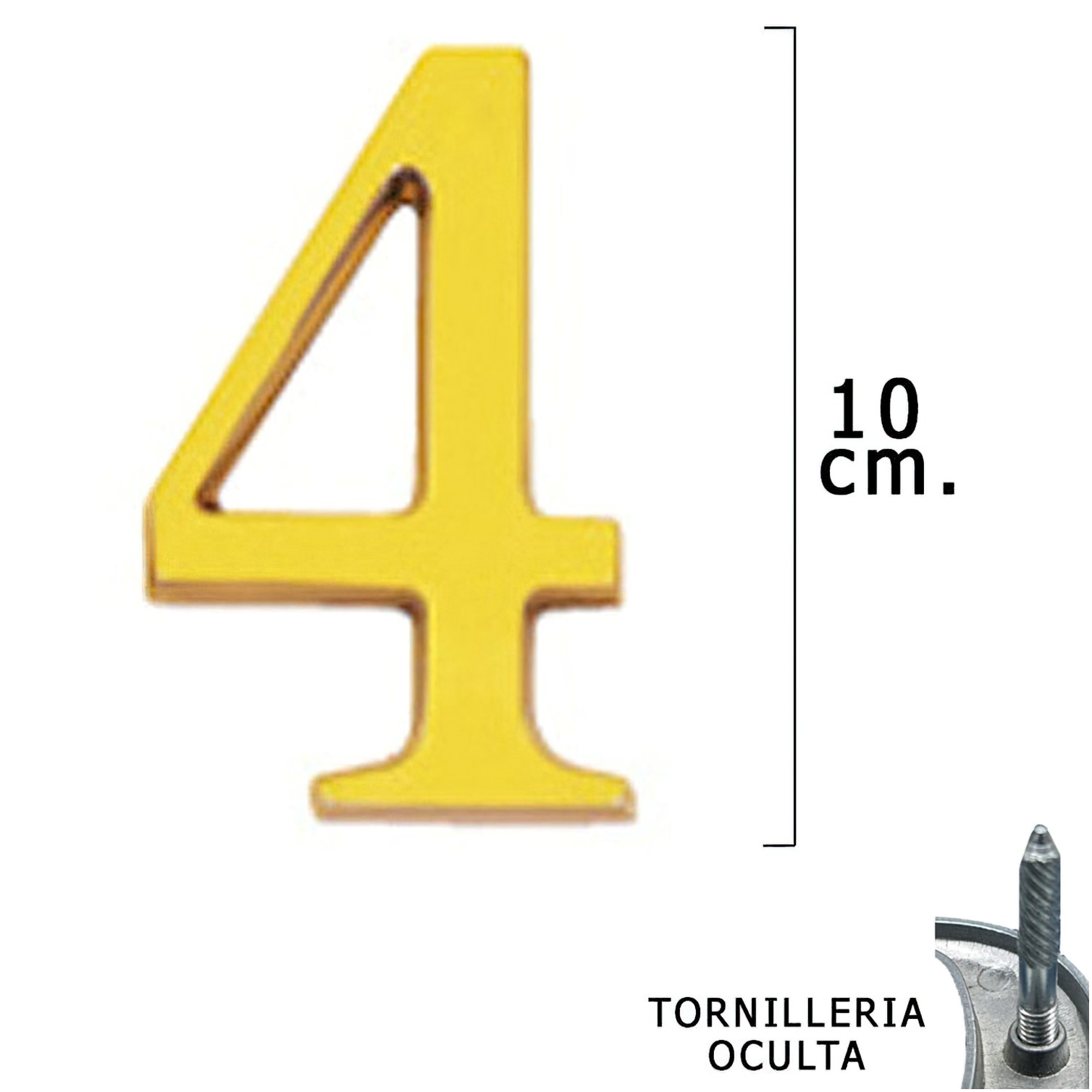Numero Latón "4" 10 cm. con Tornilleria Oculta (Blister 1 Pieza)