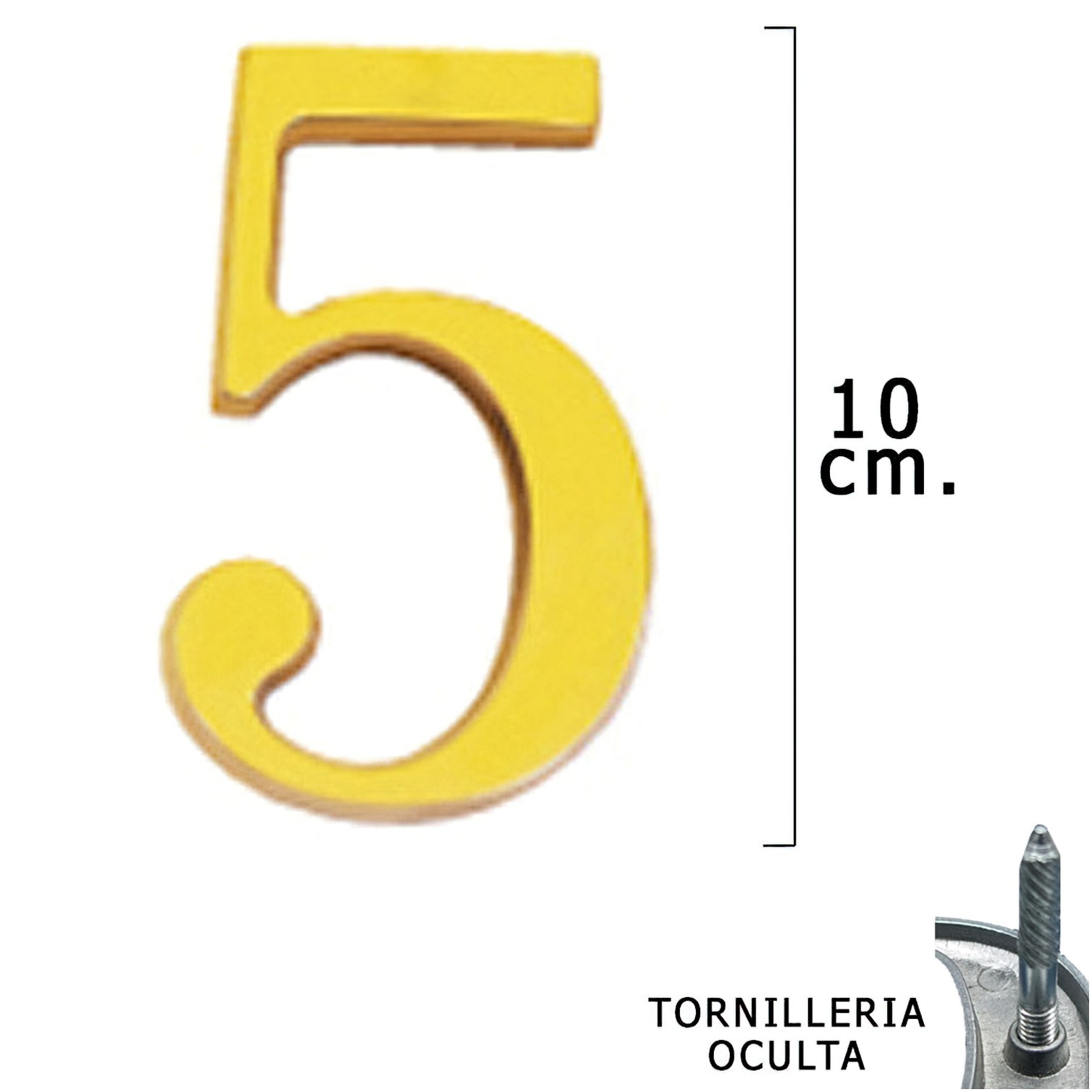 Numero Latón "5" 10 cm. con Tornilleria Oculta (Blister 1 Pieza)