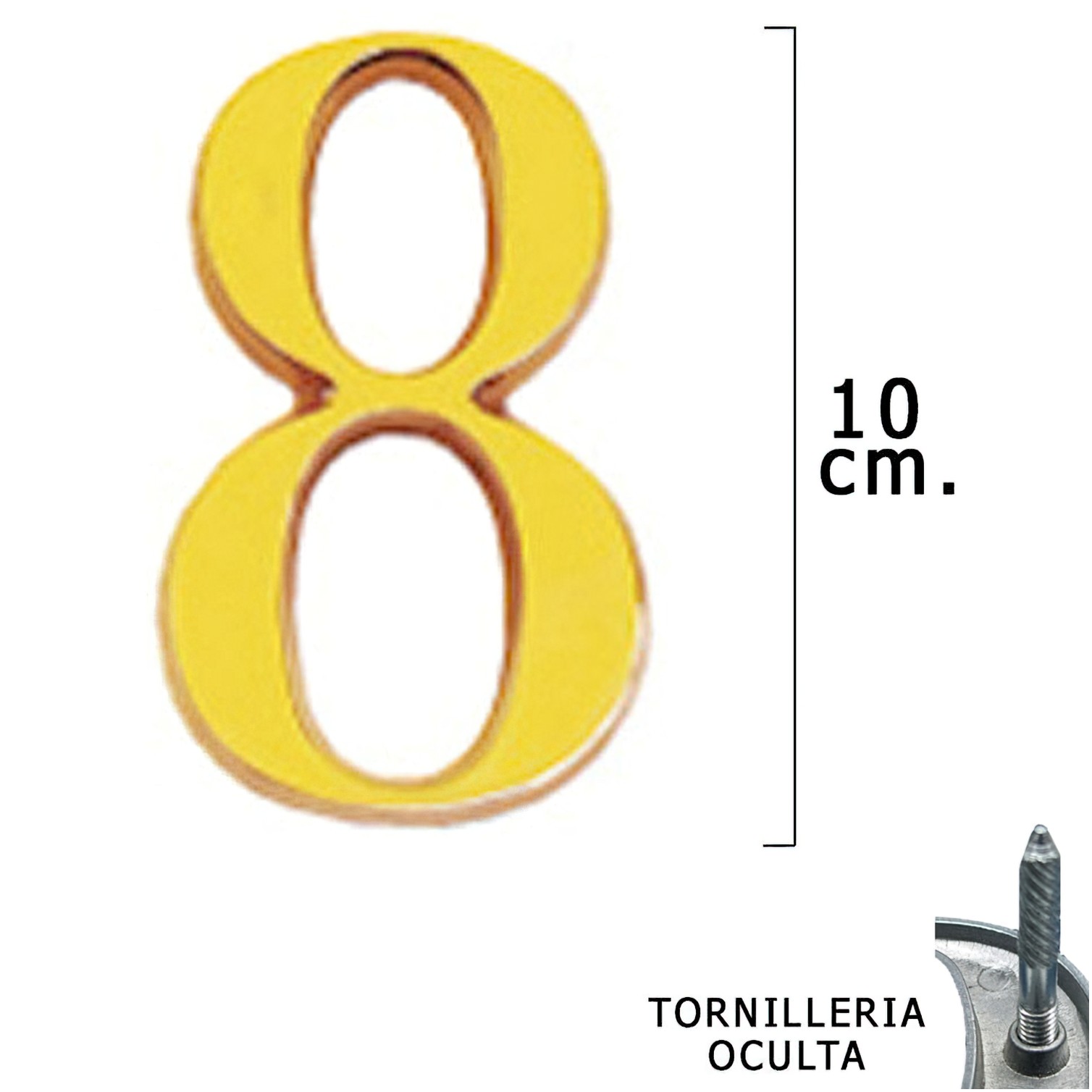 Numero Latón "8" 10 cm. con Tornilleria Oculta (Blister 1 Pieza)