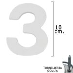Numero Metal "3" Plateado Mate 10 cm. con Tornilleria Oculta (Blister 1 Pieza)