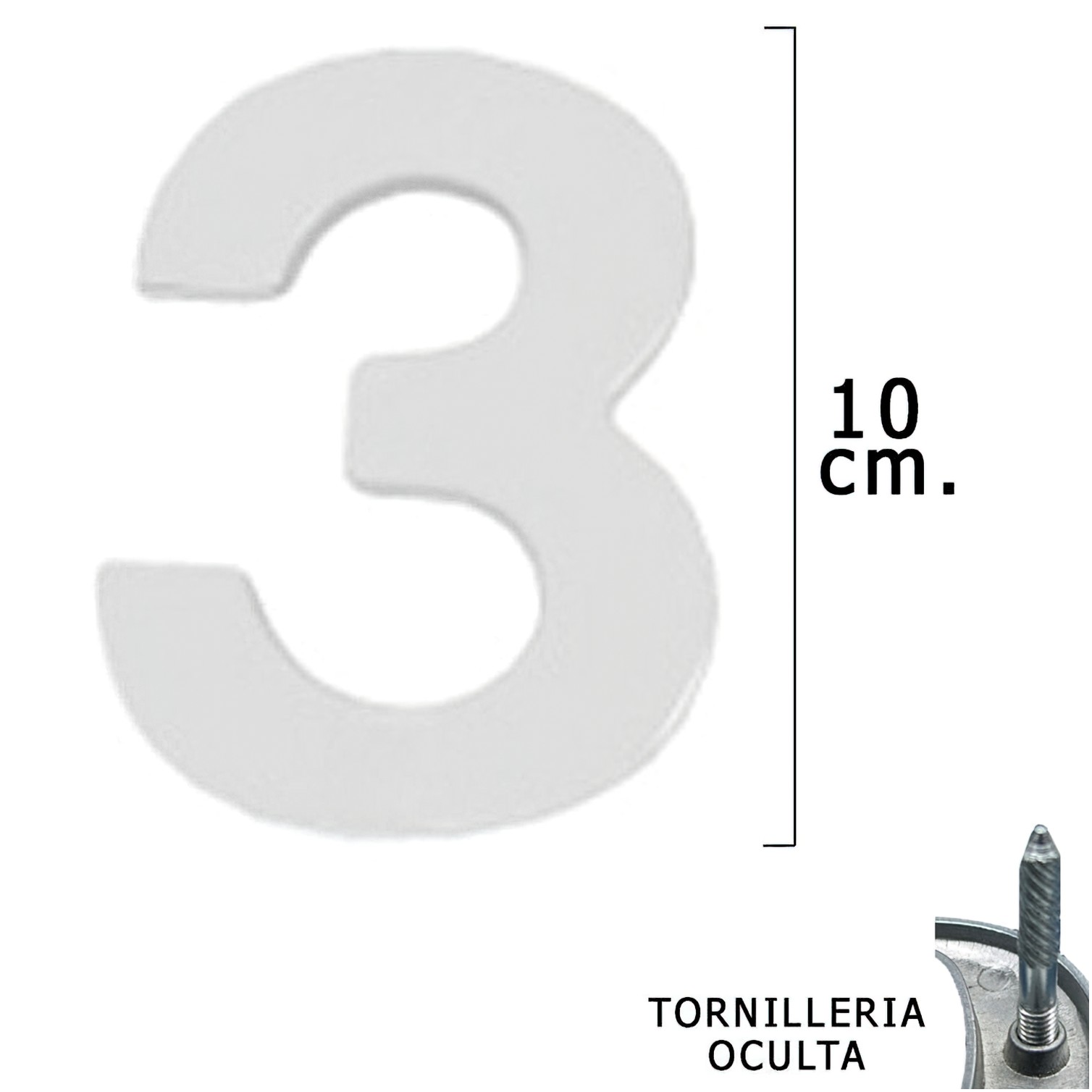 Numero Metal "3" Plateado Mate 10 cm. con Tornilleria Oculta (Blister 1 Pieza)