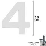 Numero Metal "4 Plateado Mate 10 cm. con Tornilleria Oculta (Blister 1 Pieza)