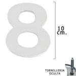 Numero Metal "8" Plateado Mate 10 cm. con Tornilleria Oculta (Blister 1 Pieza)