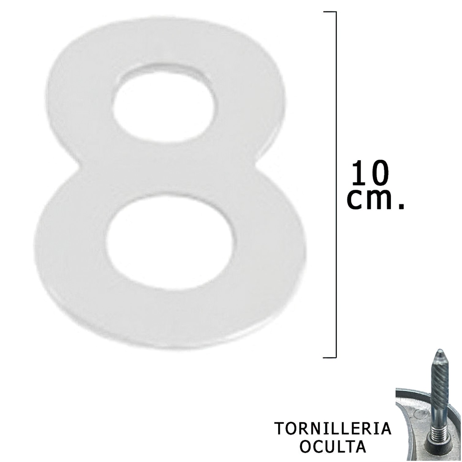 Numero Metal "8" Plateado Mate 10 cm. con Tornilleria Oculta (Blister 1 Pieza)
