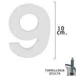 Numero Metal "9" Plateado Mate 10 cm. con Tornilleria Oculta (Blister 1 Pieza)