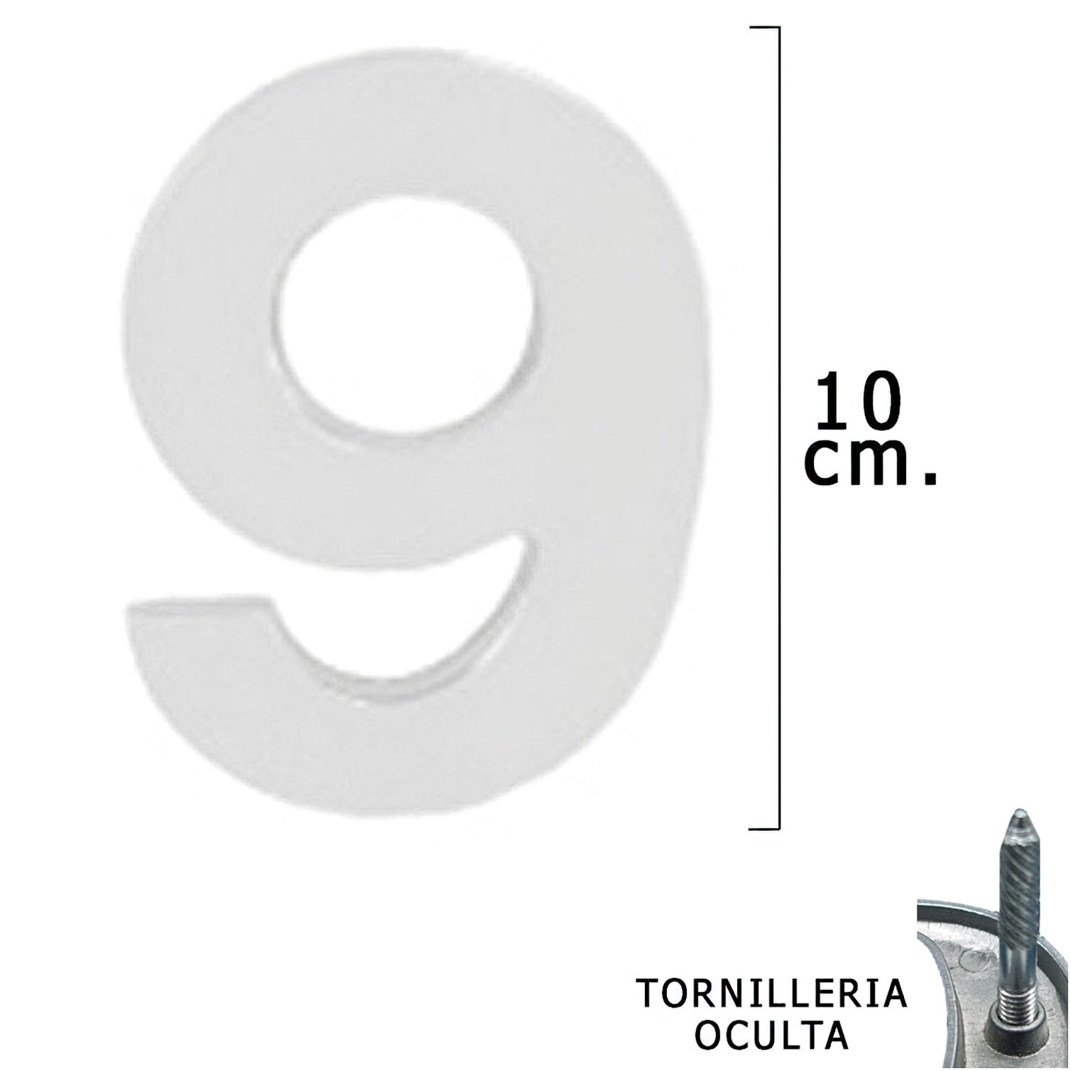 Numero Metal "9" Plateado Mate 10 cm. con Tornilleria Oculta (Blister 1 Pieza)