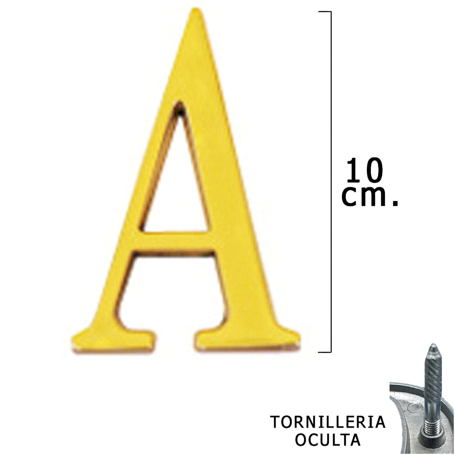 Letra Latón "A" 10 cm. con Tornilleria Oculta (Blister 1 Pieza)