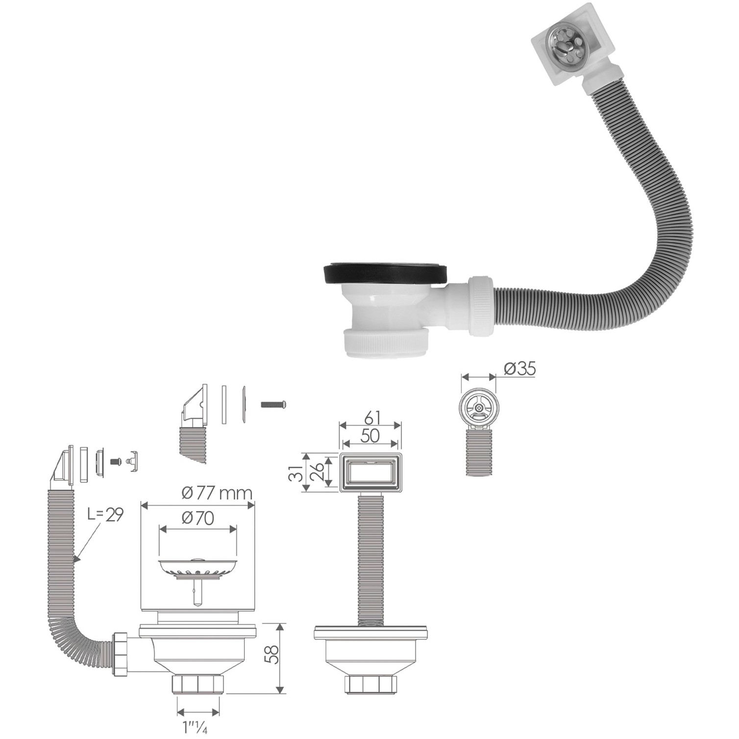 Valvula Fregadero Ø70 mm. 1 1/2" Con Rebosadero