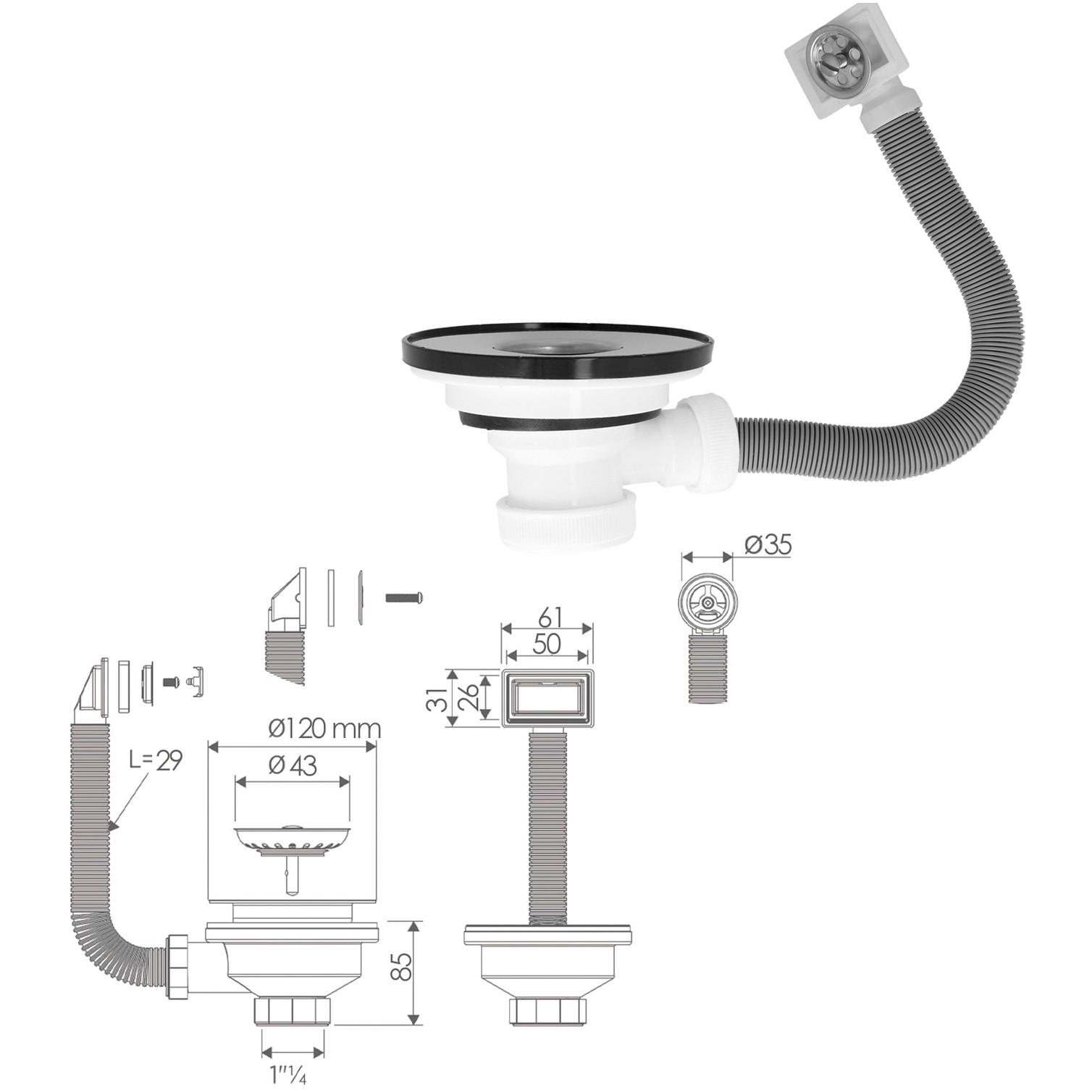 Valvula Fregadero Ø 115 Mm. 1 1/2" Altura 40 mm. Con Rebosadero
