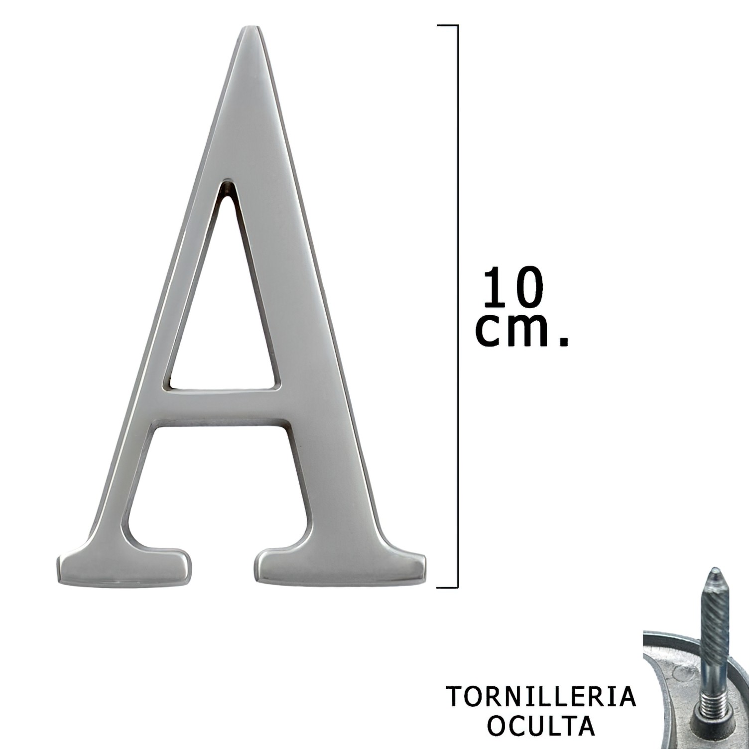 Letra Metal "A" Plateada Mate 10 cm. con Tornilleria Oculta (Blister 1 Pieza)