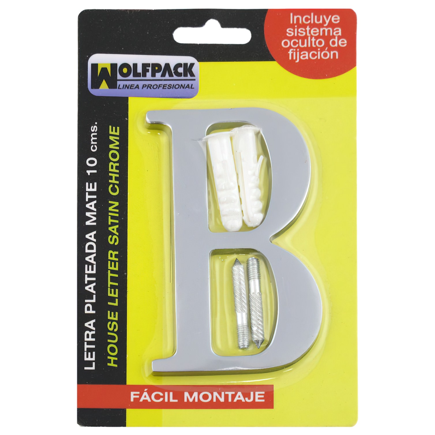Letra Metal "B" Plateada Mate 10 cm. con Tornilleria Oculta (Blister 1 Pieza)