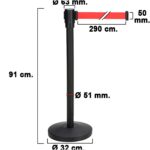 Poste Separador Cinta Extensible 3 Metros. Ø Base 32 cm. Ø Tubo 5,1 cm. Altura 91 cm.