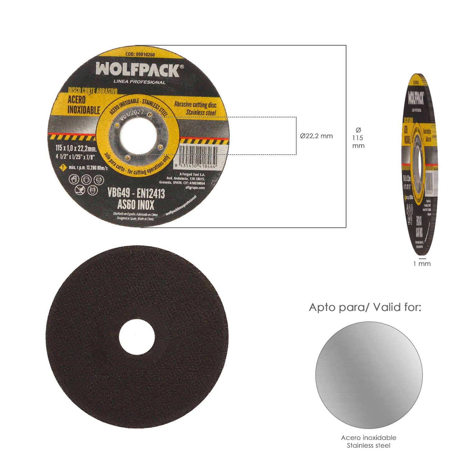 Disco Corte Abrasivo Acero Inoxidable Ø 115x Ø 22,2 mm Espesor 1,0 mm. Disco Radial / Amoladora Universal