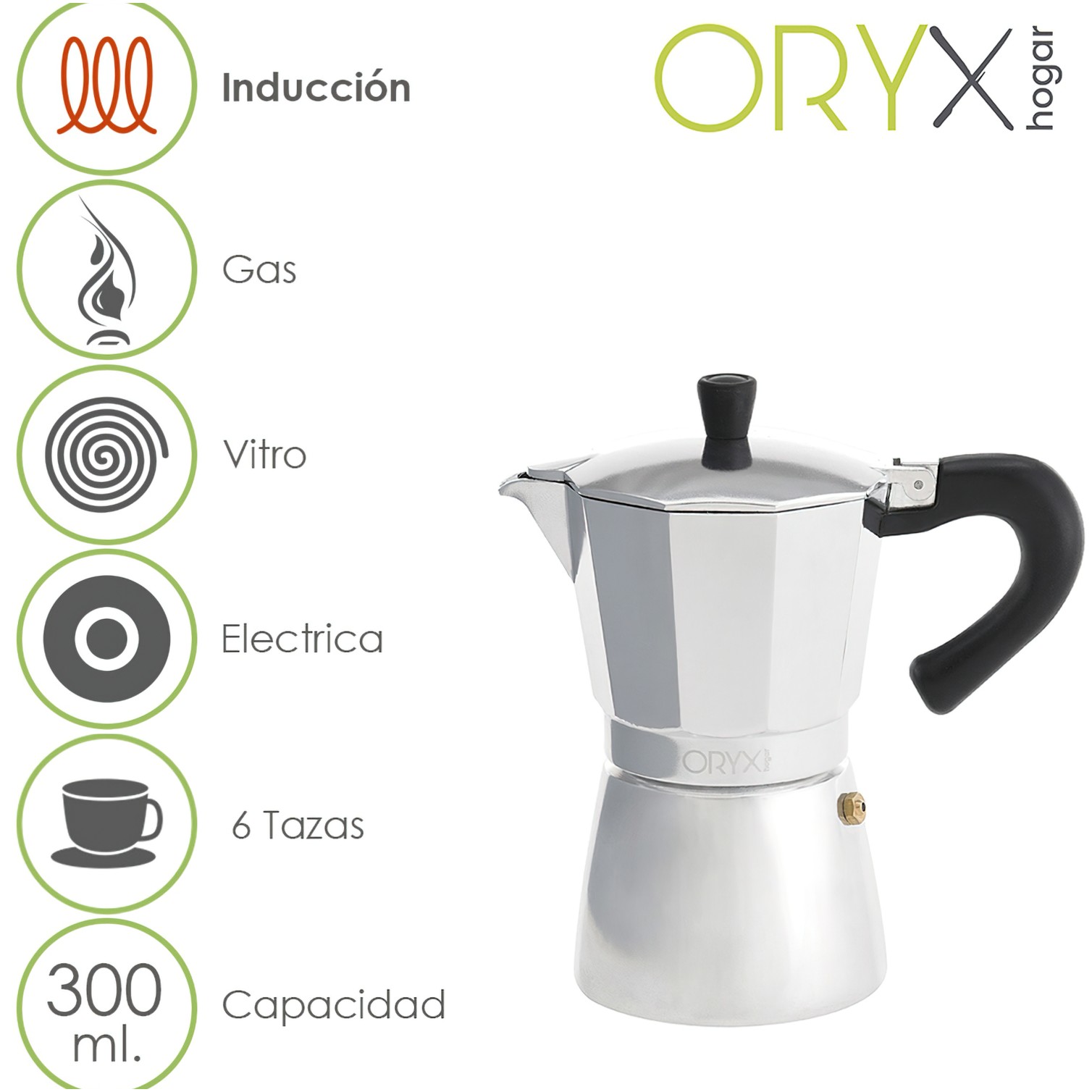 Cafetera Inducción Aluminio 6 Tazas (300 Ml.)