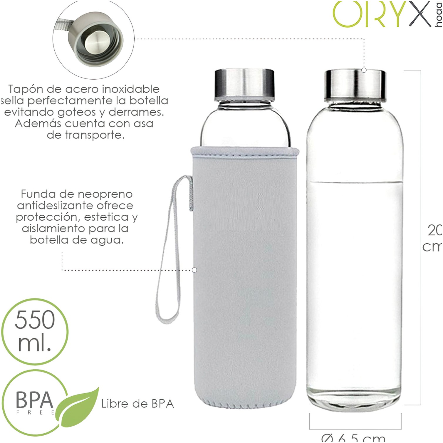Botella Agua Cristal 550 ml. Funda Neopreno con Asa. Sin BPA