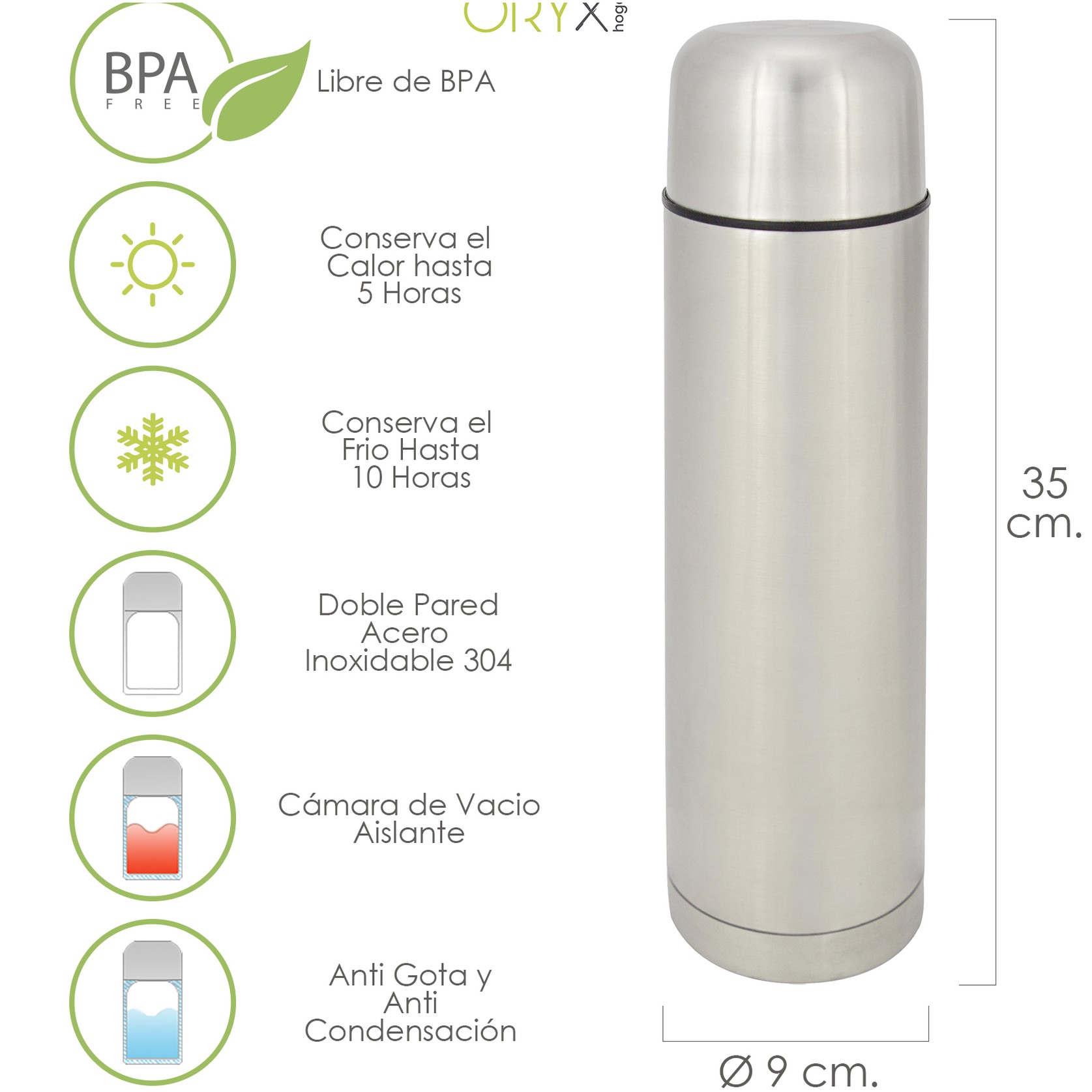 Termo Liquidos, Capacidad 1 Litro, Libre BPA, Acero Inoxidable, Antigoteo