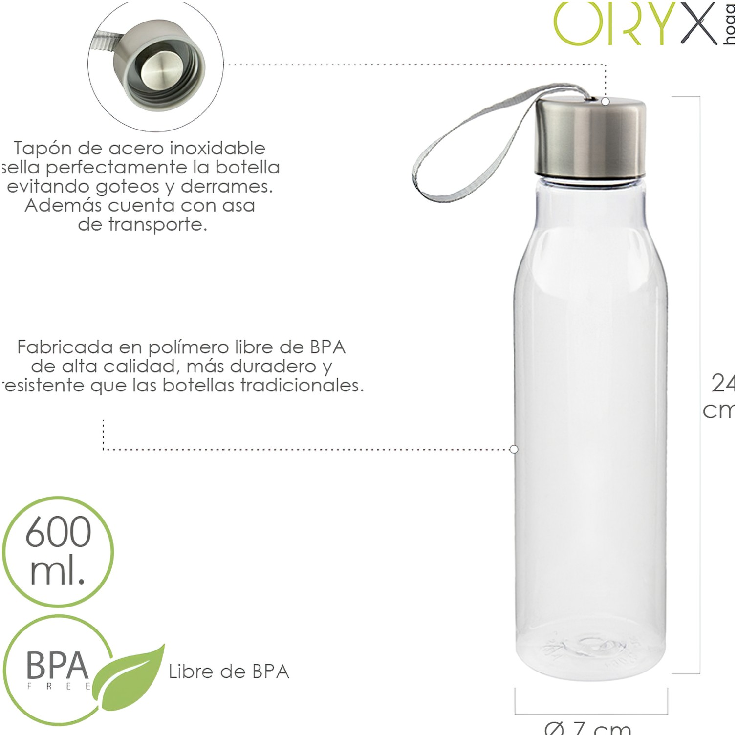 Botella Agua, Capacidad De 600 ML. Plastico Libre BPA, Con Asa, Tapon Acero Inoxidable.