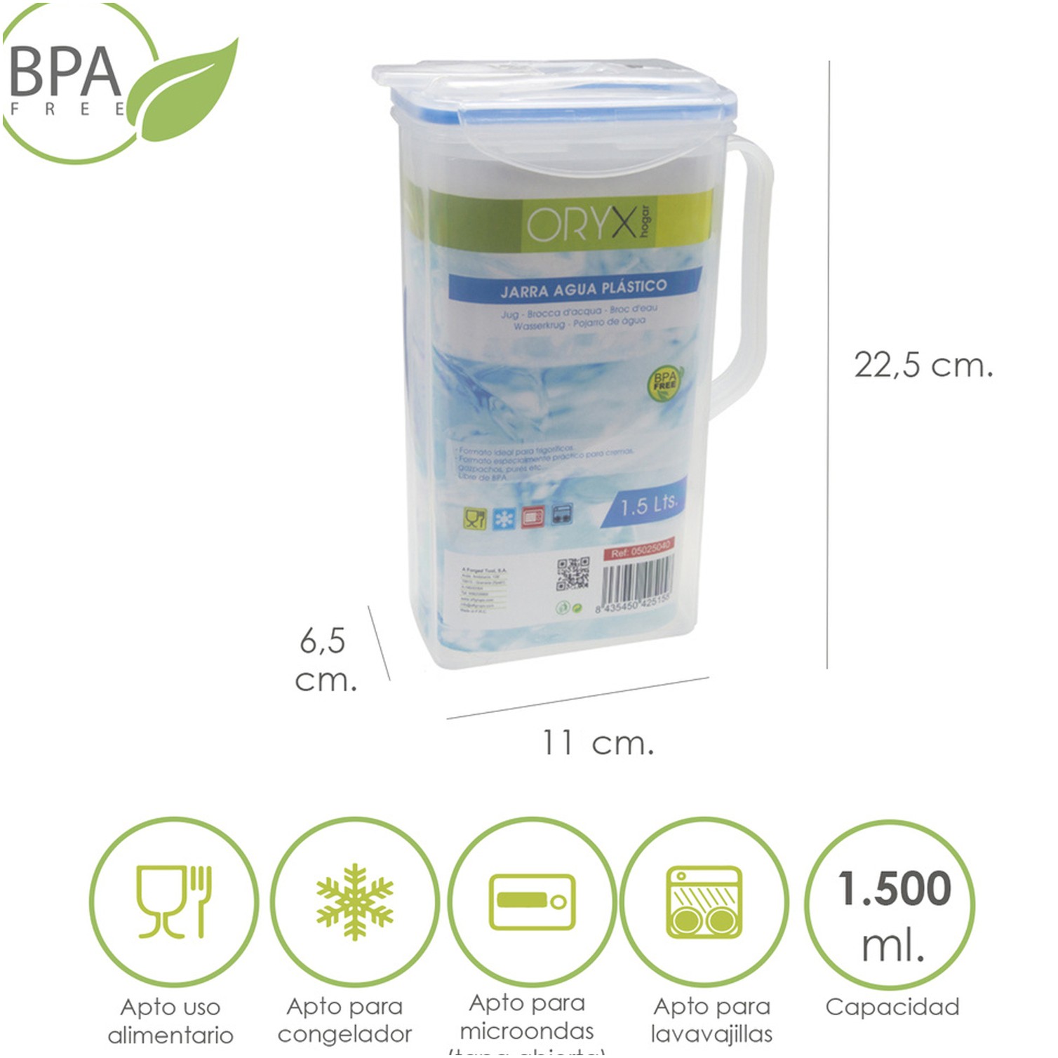 Jarra Plastico Cuadrada 1.500 ml. 11 x 6.5 x 22.5 (alt) cm.