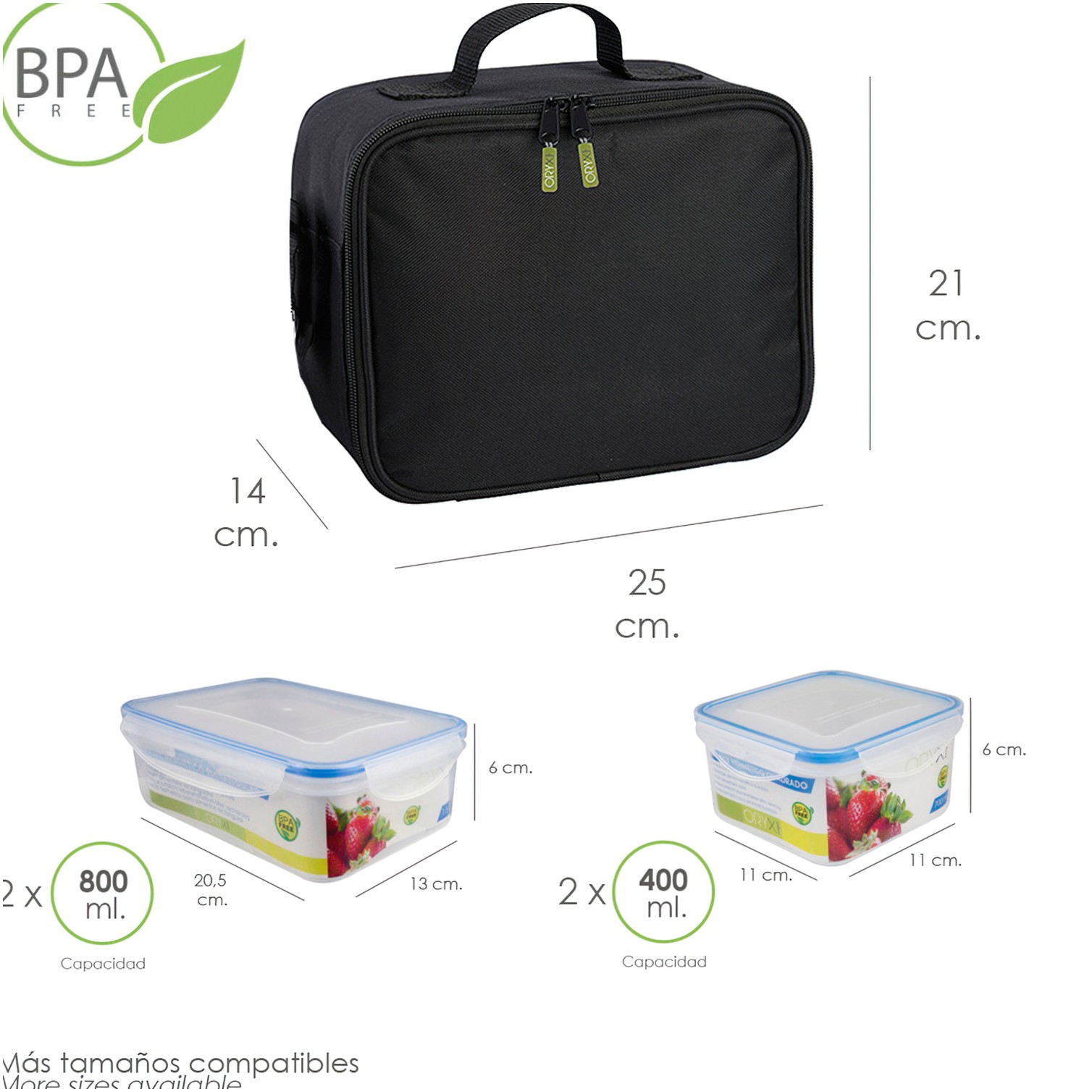 Bolsa Termica Con 4 Recipientes Hermeticos Plastico (2x800 ml + 2x400 ml.)