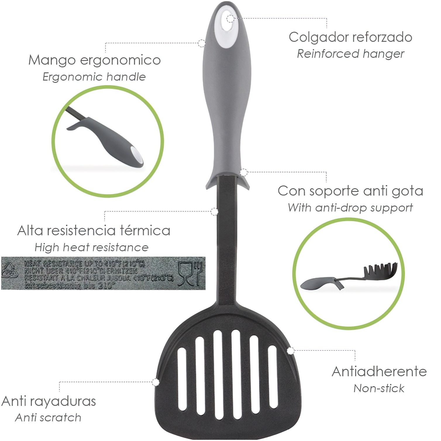 Espatula Rasera Cocina Nylon Con Mango Antigotas Engomado 34,5 x 11 cm.