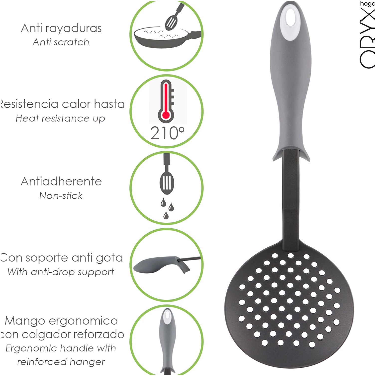 Espumadera Cocina Nylon Con Mango Antigotas Engomado 35 x 11,7 cm.