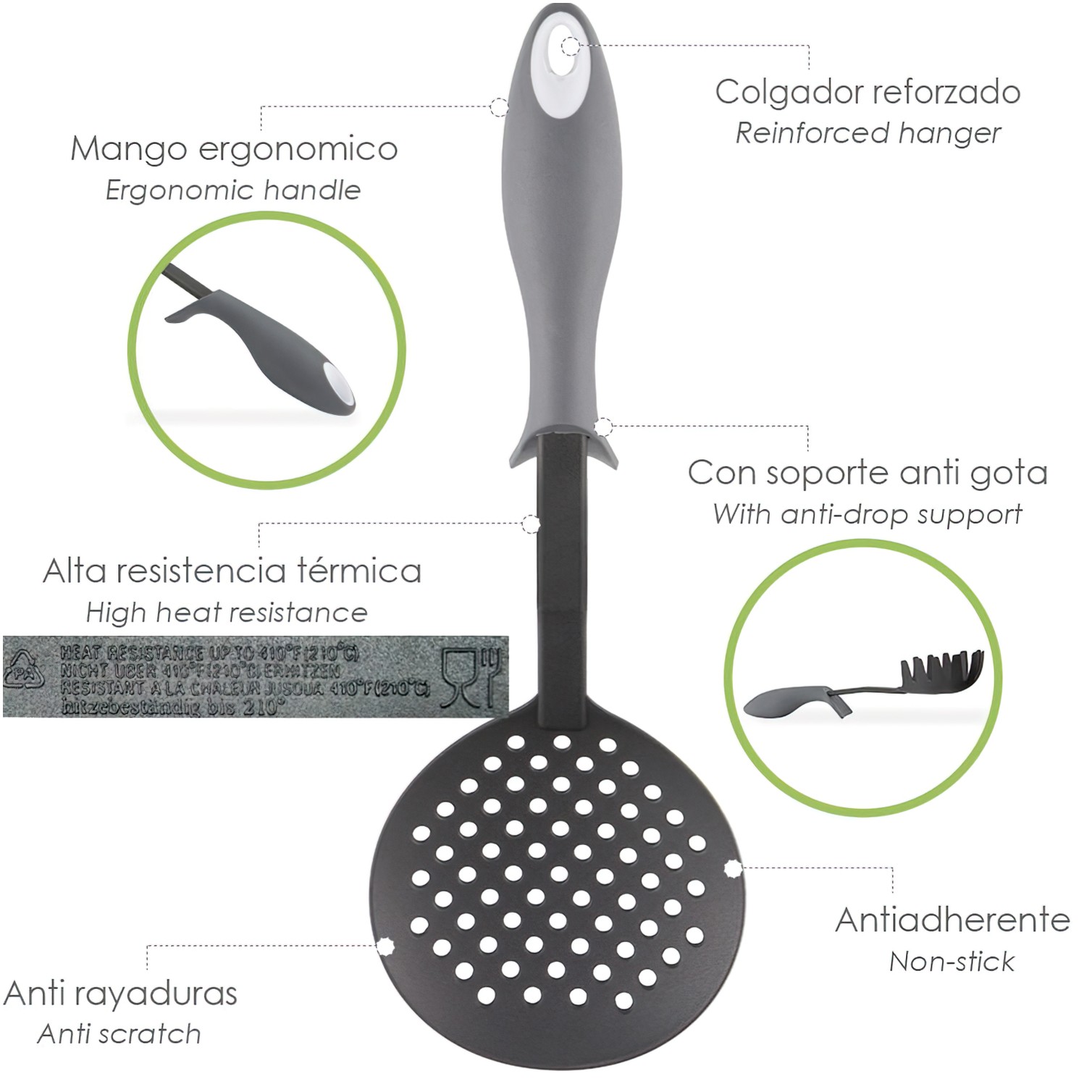 Espumadera Cocina Nylon Con Mango Antigotas Engomado 35 x 11,7 cm.