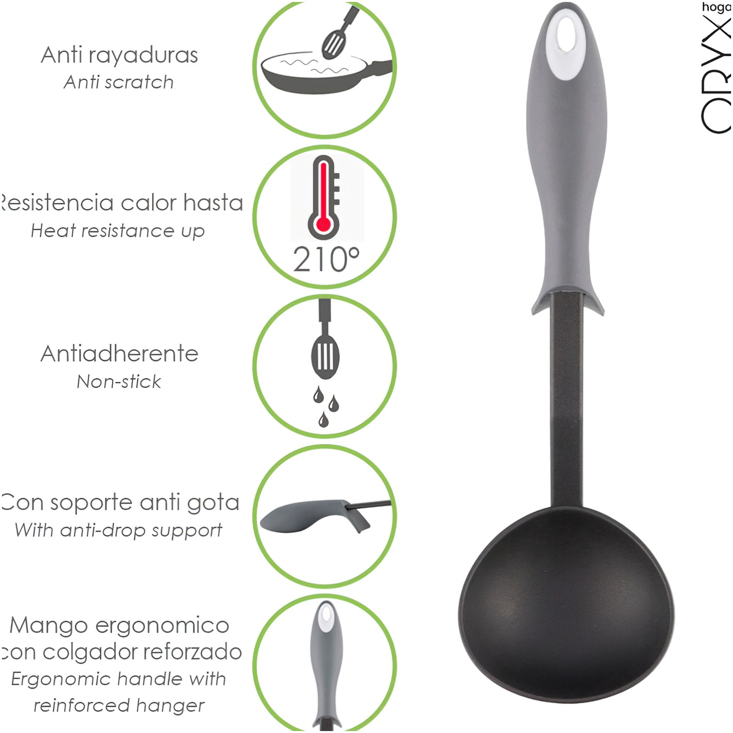 Cucharon Servir Cocina Nylon Con Mango Antigotas Engomado 32 x 9,8 cm.