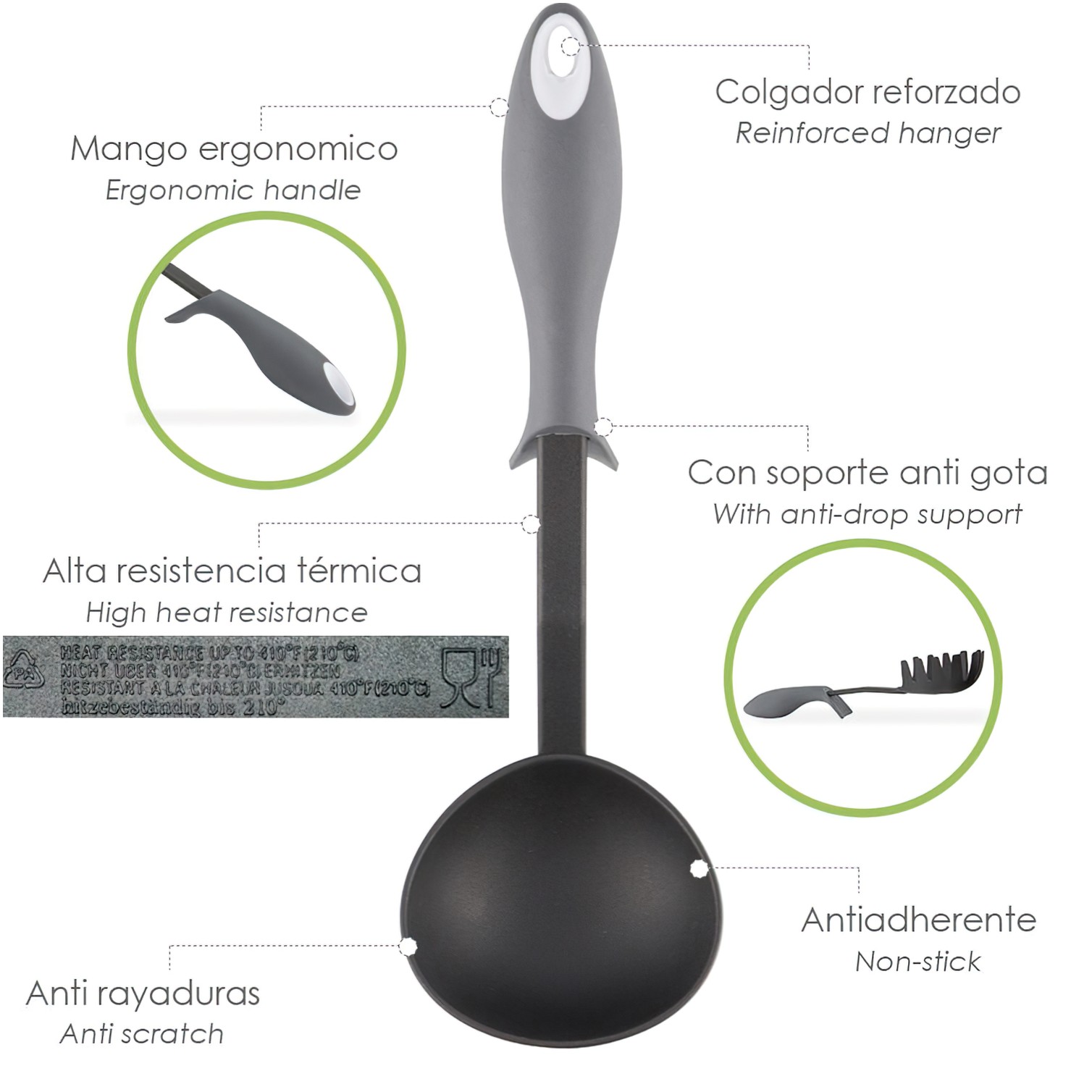 Cucharon Servir Cocina Nylon Con Mango Antigotas Engomado 32 x 9,8 cm.