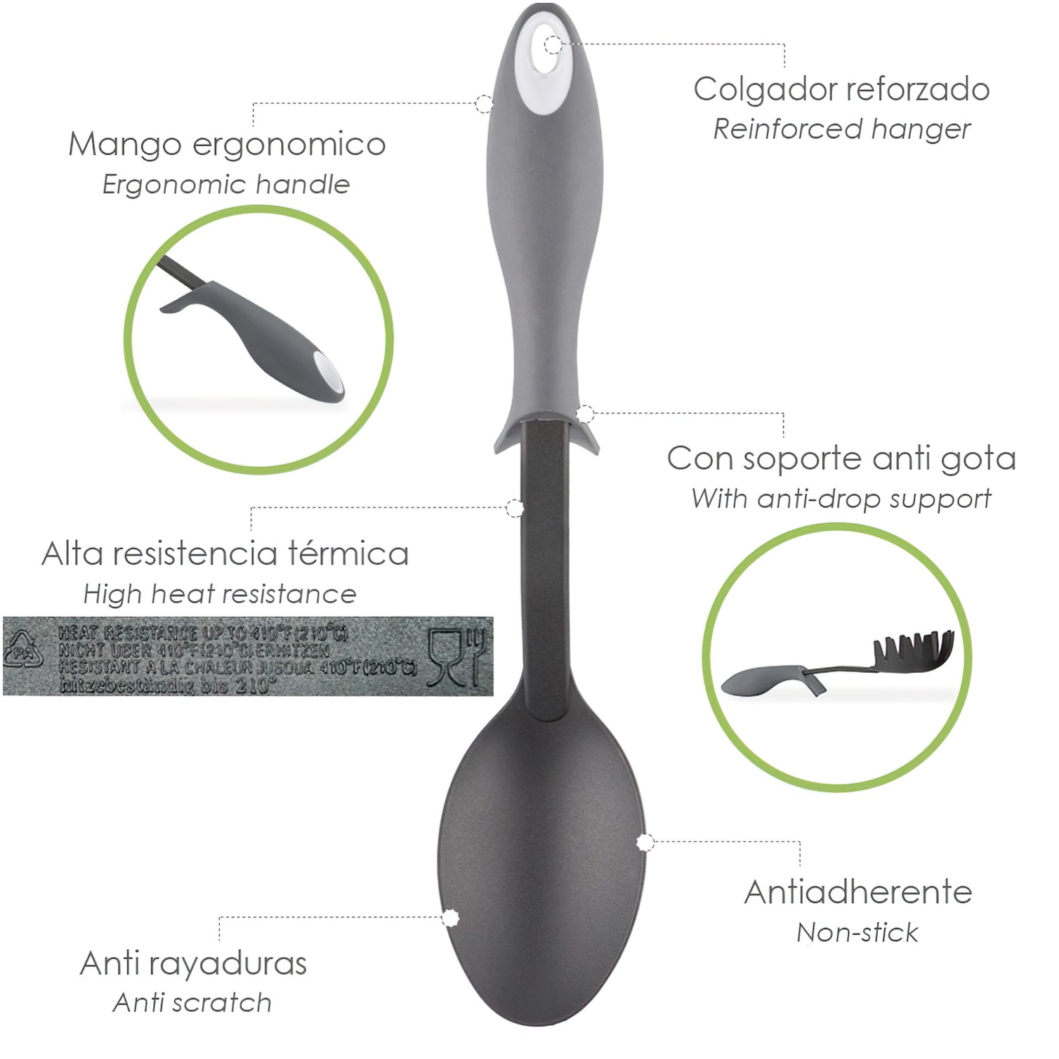 Cuchara Servir Cocina Nylon Con Mango Antigotas Engomado 32,5x6cm