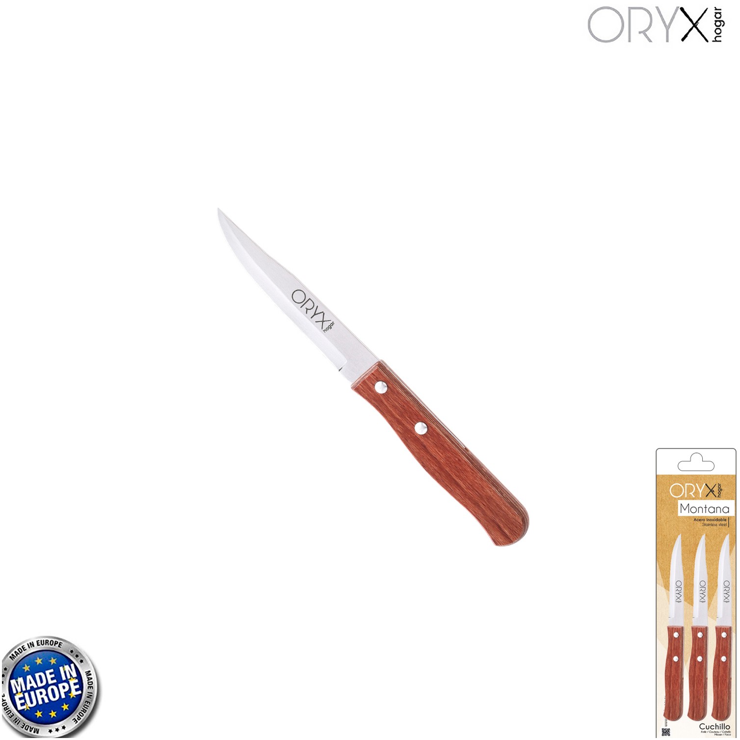 Cuchillo Montana Patatero Hoja Acero Inoxidable 9 cm. Mango madera (Blister 3 piezas)