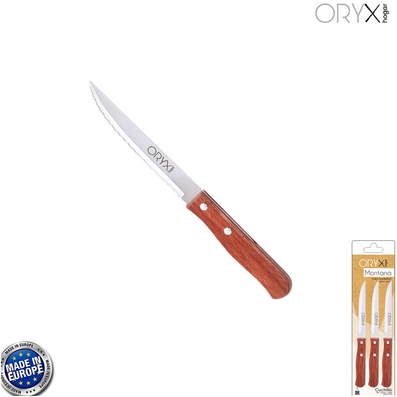 Cuchillo Montana Multiusos Hoja Sierra Acero Inoxidable 11 cm. Mango Madera (Blister 3 piezas)