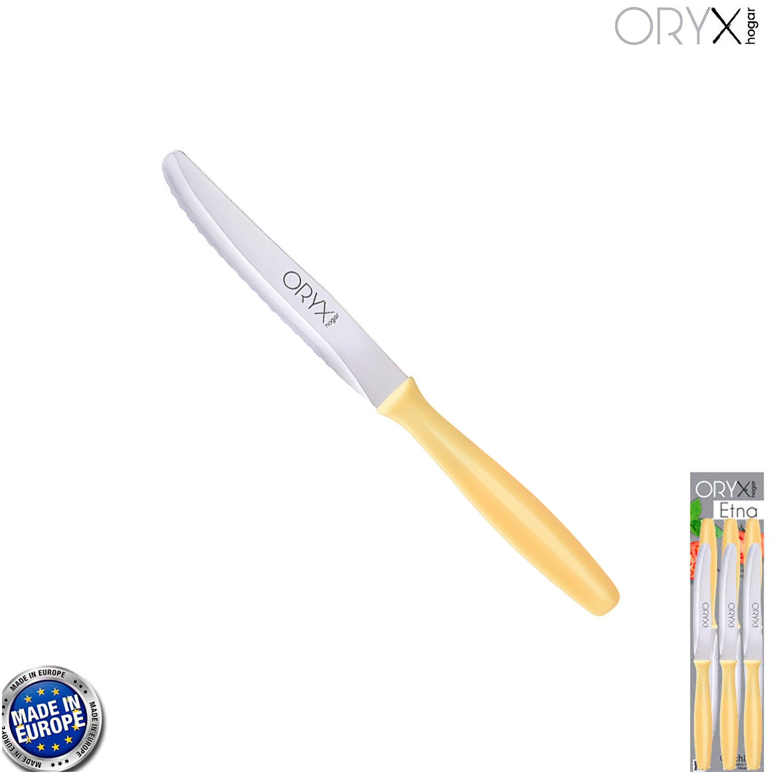 Cuchillo Mesa Etna Hoja Sierra Acero Inoxidable 10 cm. Amarillo (Blister 6 piezas)
